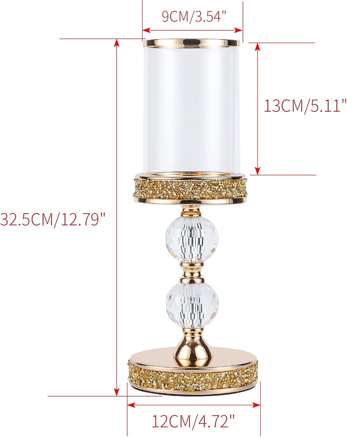 Pillar Candle Holder, 13 Inch Crystal Candlesticks for 3''X5'' Candles, Dining Coffee Table Decor, Wedding, Events, Parties - Glass and Gold Finish