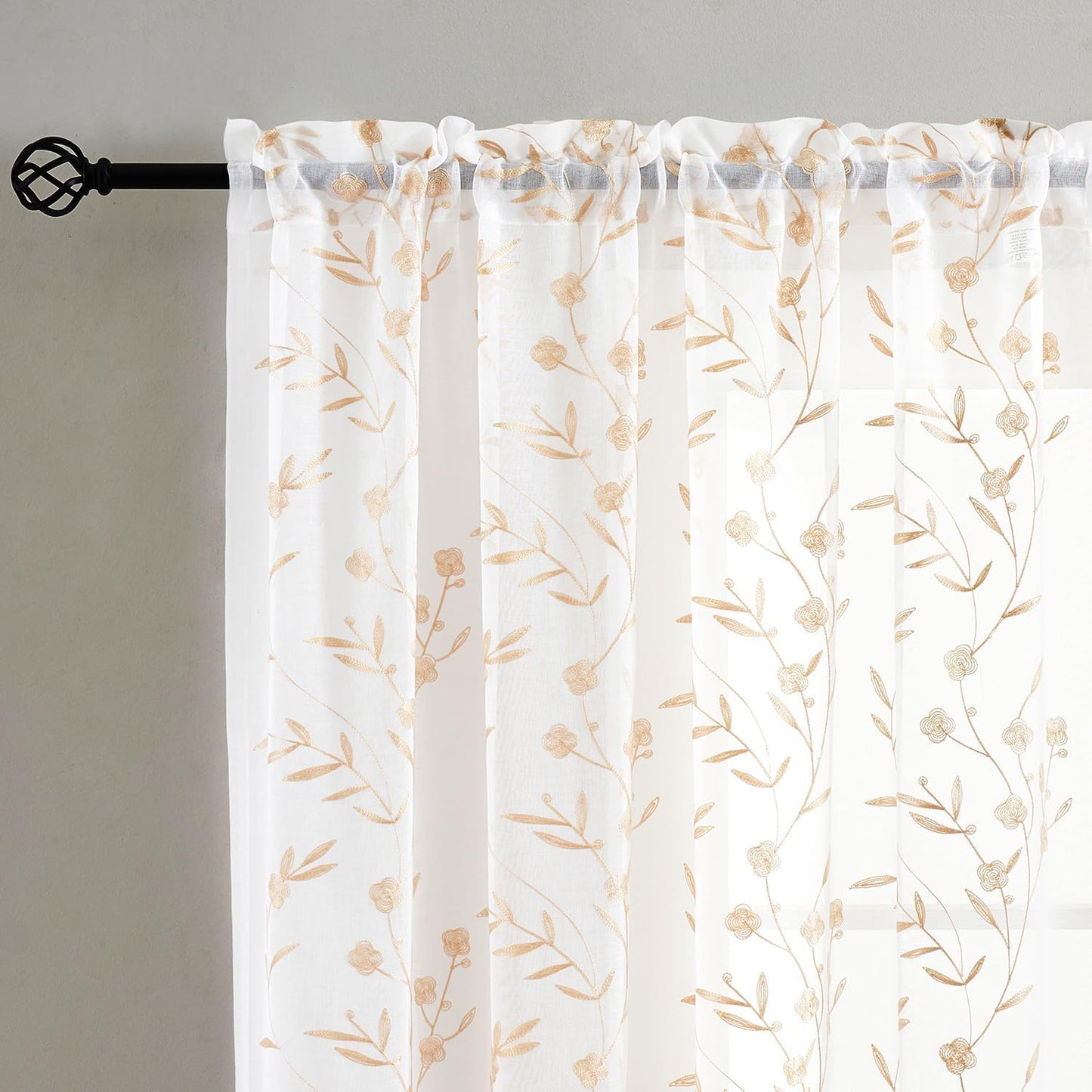 Sheer Curtains Embroidery 63 Inch Length White-Beige Rod Pocket Voile Drapes for Living room, Bedroom, Window Treatments Semi Flower Pattern Curtain Panels for Yard, Farmhouse, Set of 2, 52"x 63".