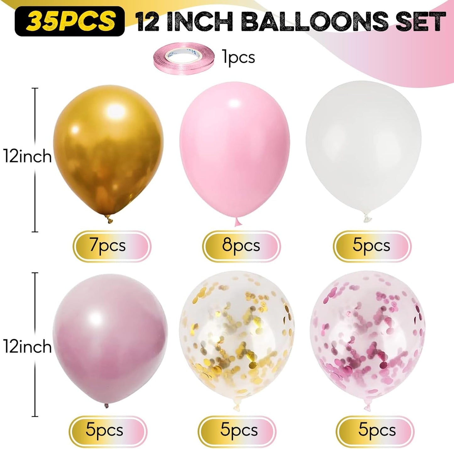 Pink Gold Balloons Set, 12 Inch Pink White Latex Balloons Pink Confetti Helium Balloons Pink and Metallic Gold Party Balloons for Bridal Baby Shower Wedding Girl Women Birthday Decorations