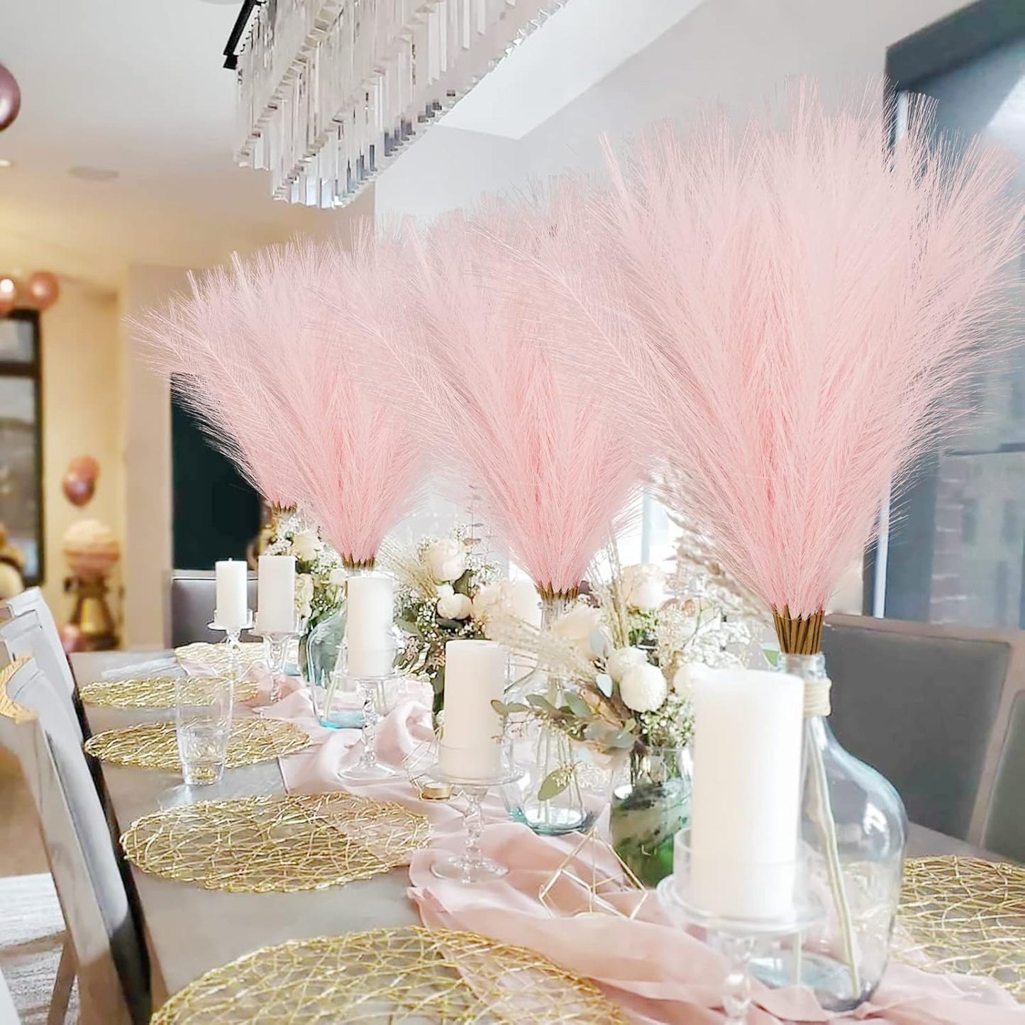 35" Pink Faux Pampas Grass Decor, 8pcs Large Tall Fluffy Artificial Pompous Grass Branches Floral Fake Pompas Grass Bulrush Floor Vase Filler Flower Arrangement for Home Wedding Boho Decor
