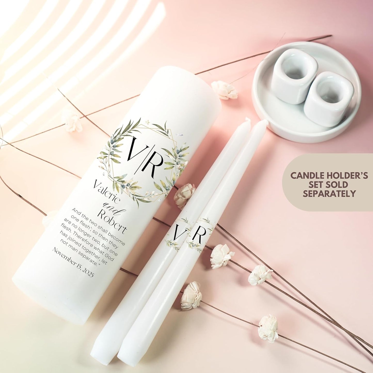 Unity Candles for Wedding, Modern Unity Set, Custom and Personalized Pillar and Taper Candles with Bible Quote, Unscented White Premium Wax, Religious and Wedding Ceremony, Special Events (Garden)