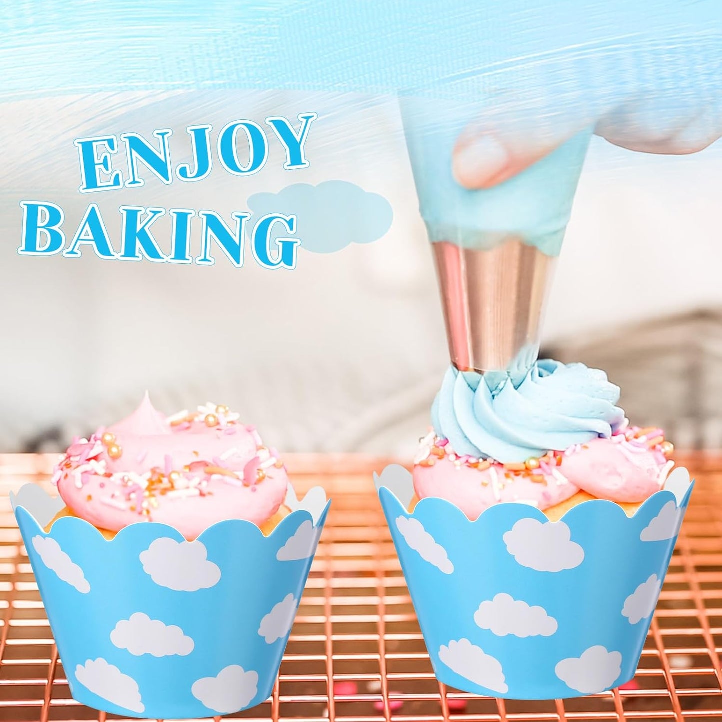 Domensi 100 Pcs Sky Clouds Blue Party Cupcake Wrappers Cloud Cupcake Liners Baking Cups Baking Liners for Spring Summer Wedding Bridal Baby Shower Birthday Party Supplies Dessert Decoration