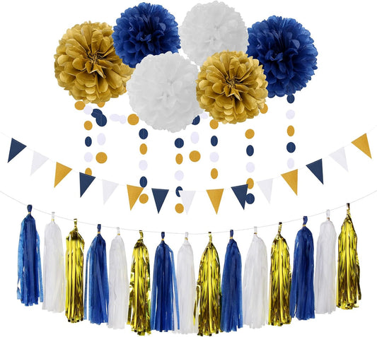 Navy Blue White Gold Party Decoration 23pcs Kits-Paper Flowers,Banner Flags,Circle Banner,Tassel Garland Birthday Bachelorette Boy Baby Shower Gender Reveal Graduation Decorations Lasting Surprise