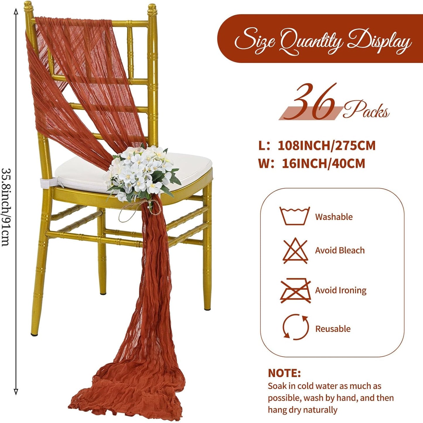 36 Pcs Terracotta Cheesecloth Chair Sashes, 16 x 108 inch Gauze Fabric Washable Chair Sashes Bows Designed for Aisle Decorations Universal Chair Cover Decor for Wedding Reception Party Banquet