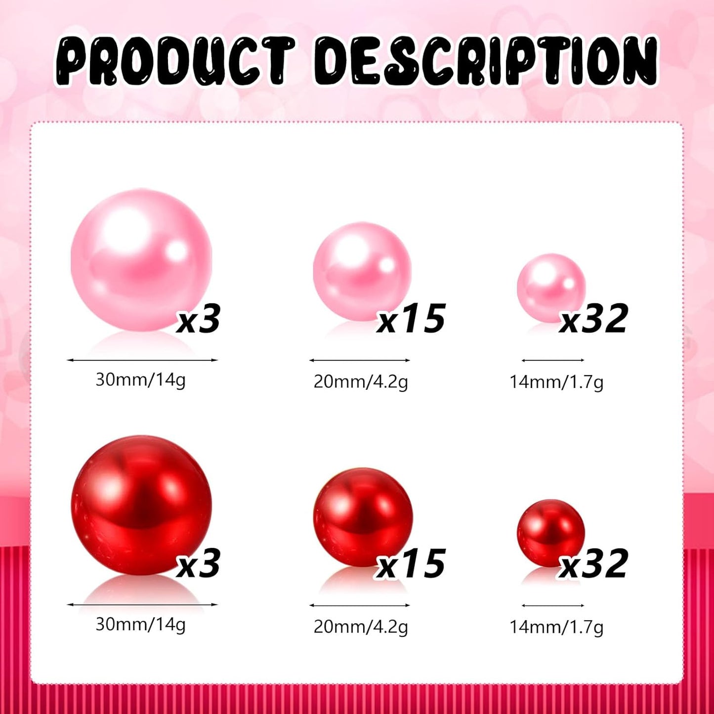 100PCS Red Pink Faux Pearls Beads for Centerpiece Vases, Vase Filler Faux Pearls, No Holes Filler Beads for Party Anniversary Valentine's Day Table Decor, 14/20/30mm