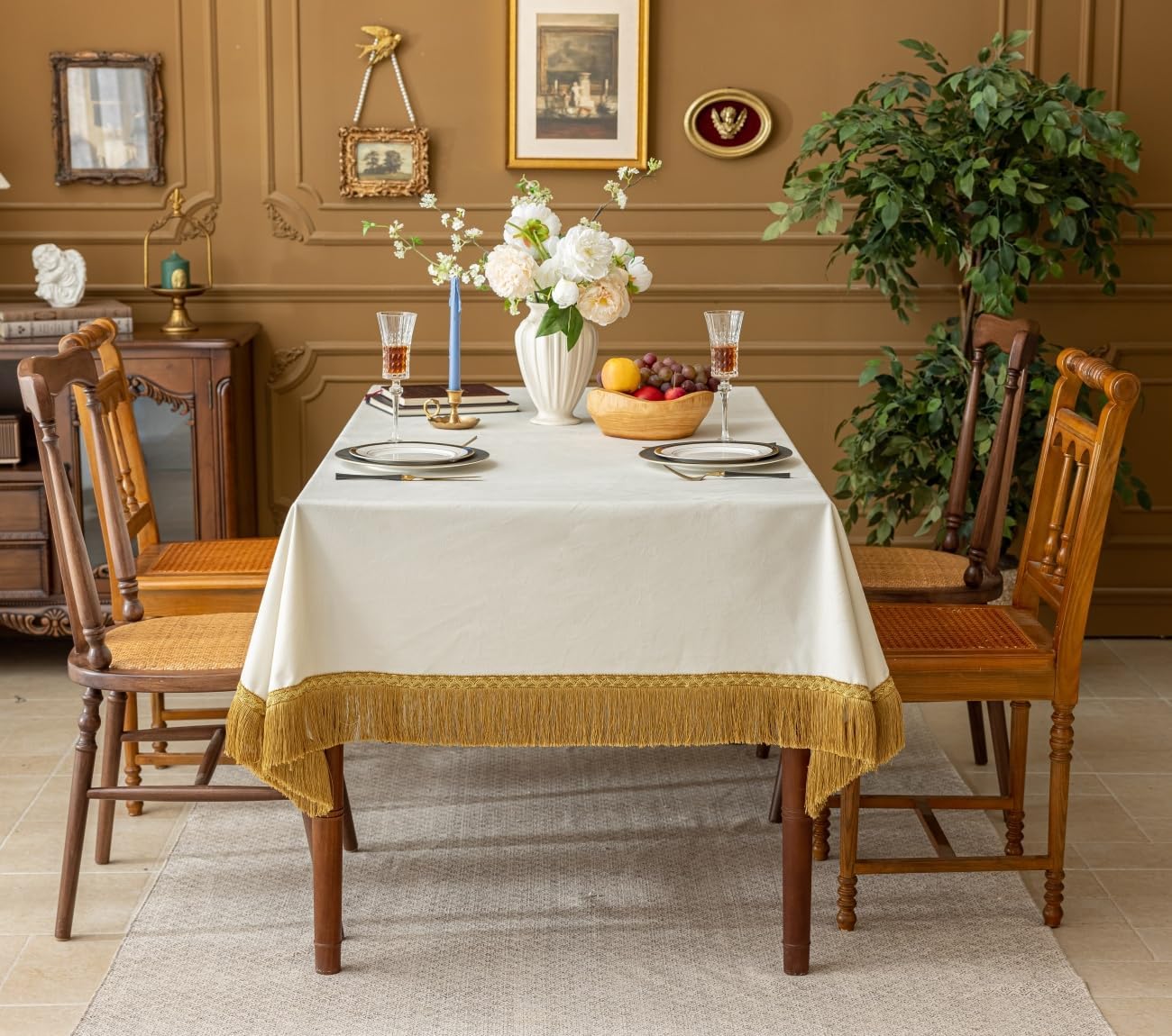 F-CHU Luxury White Tablecloth Thickset Velvet Tablecloth with Beautiful Gold Tassels Vintage Table Cloth for Home Decor Wedding, Party, Banquet and Events 60x102-Inch