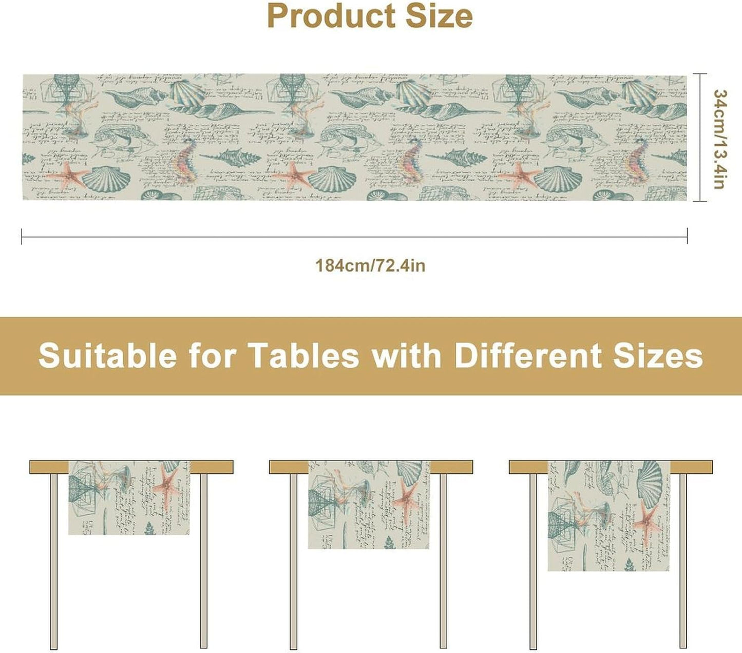 Starfish Table Runner,Seashells Beach Coastal Nautical Sailboat Jellyfish Vintage Hand Drawn Burlap for Hotel Indoors Outdoor Dining Room Kitchen Table Decor, 13x108in