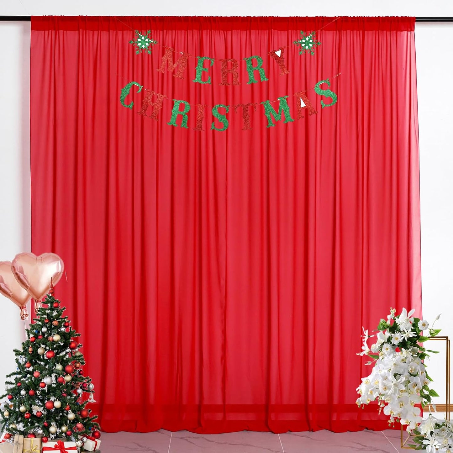DUOBAO Red Chiffon Backdrop Curtain - 2 Panels 58x120-Inch, Elegant Wedding & Party Decor, 10FT Long Sheer Drapes for Living Room & Photography