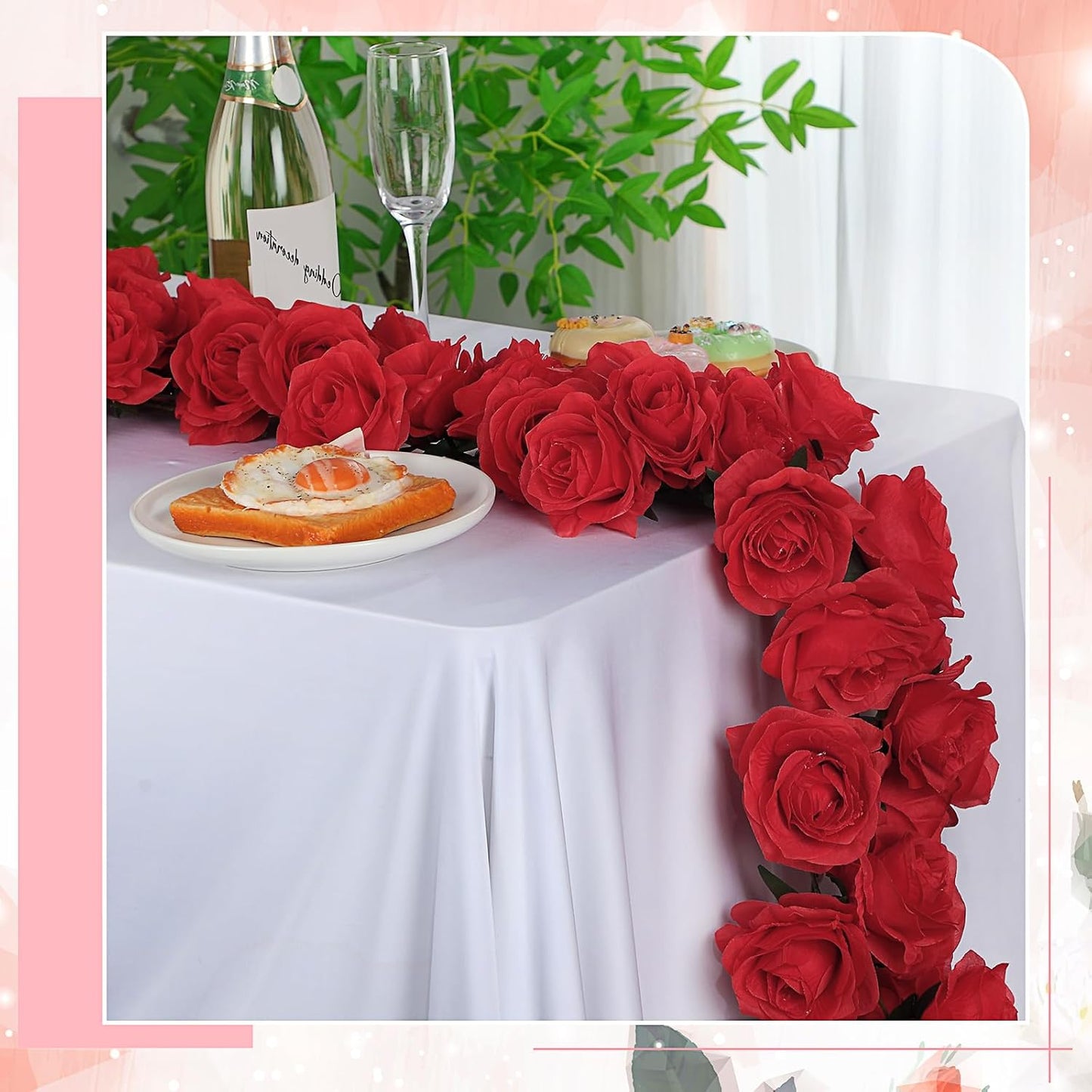 4 Pcs Red Artificial Rose Vine Hanging Faux Flowers Garland for Wedding Anniversary Birthday Party Background Arch Garden Home Wall Room Decor