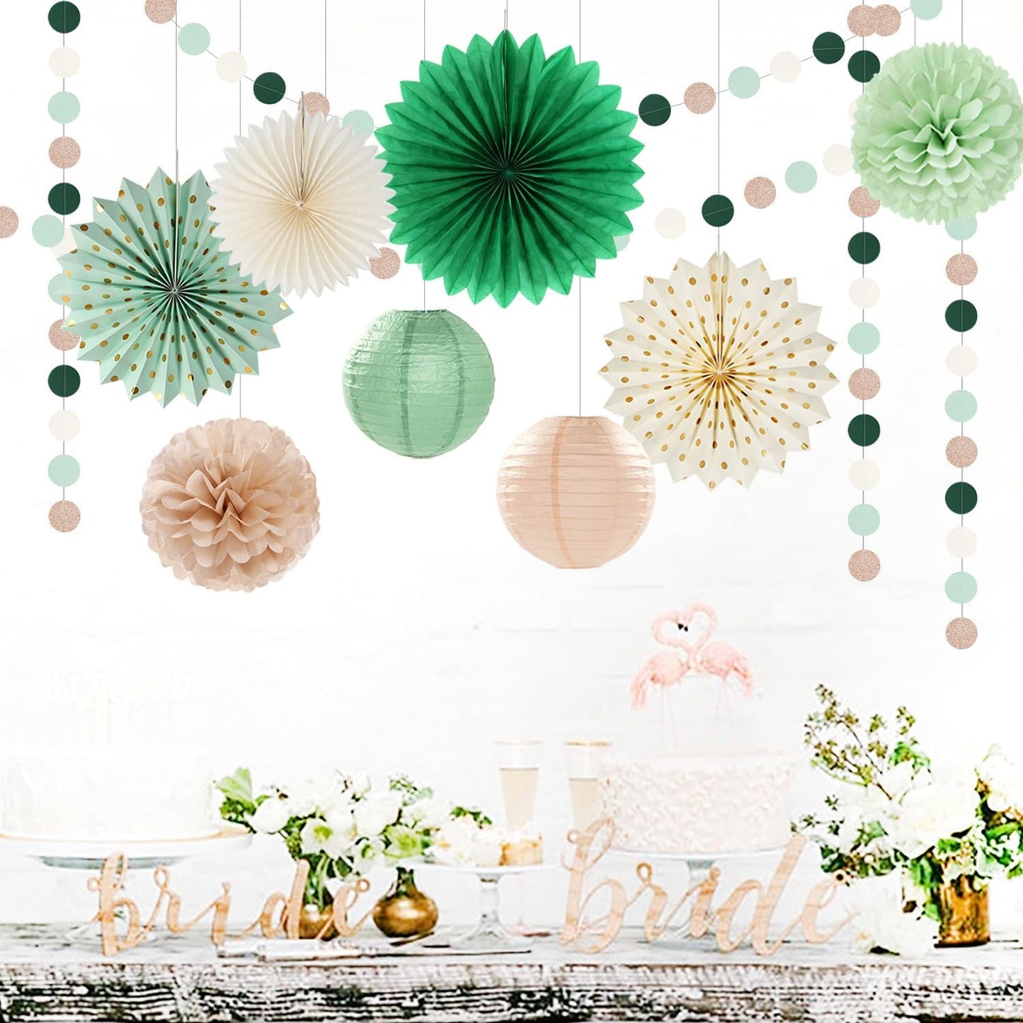 Olive-Sage Green Beige Champagne-Gold Party-Decorations - 33pcs Rustic Banner,Streamers Tassel Garland,Tissue Pom Poms,Paper Lantern Fans,Boho Neutral Baby Shower Birthday Bridal Decor Hugtmr