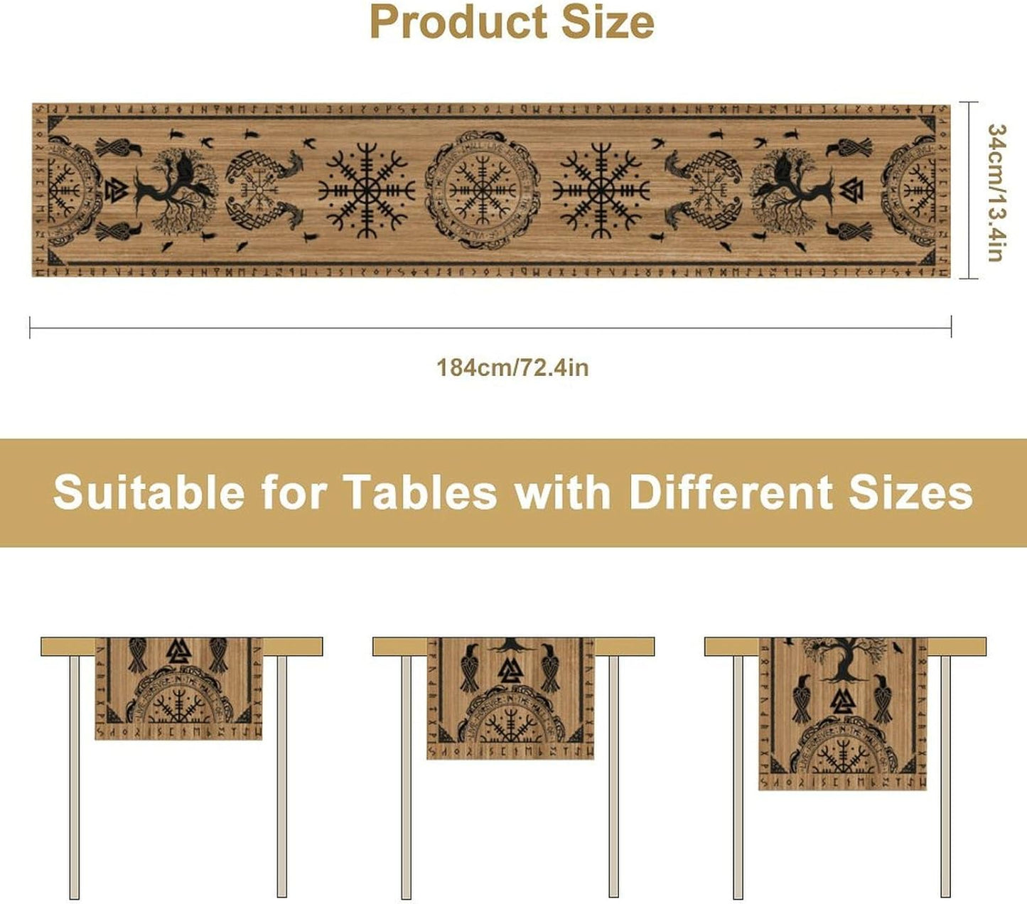 Viking Tree of Life Table Runner, Wooden Printed Eagle Dragon Boat Rudder Seasonal Kitchen Dining Table Decoration for Home Party 13x120 Inch