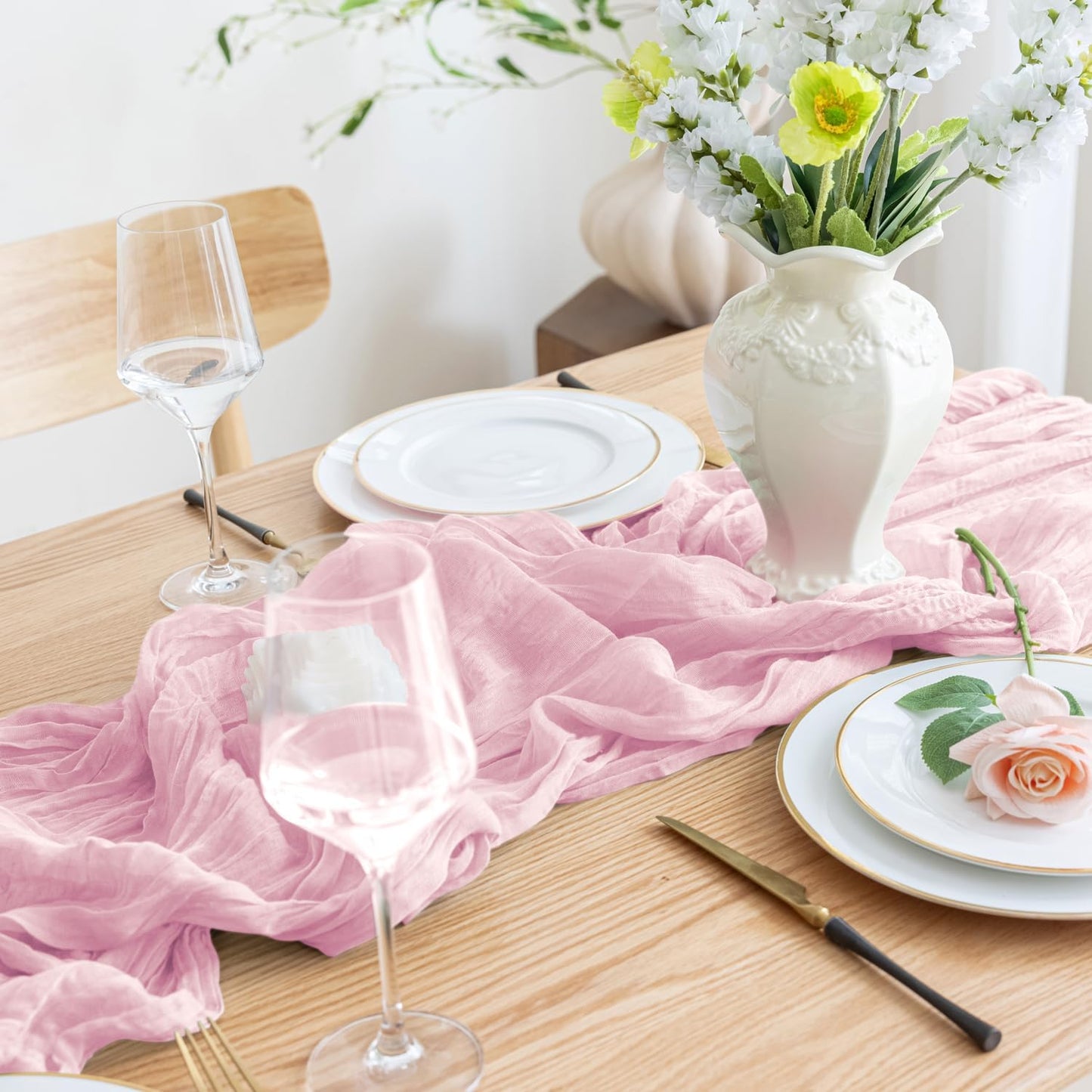 Asee'm 12pcs Cheesecloth Table Runner 120 Inches Blushing Pink Boho Gauze Cheese Cloth Runner 10FT Rustic Sheer Table Runners for Summer Wedding Baby Shower Holiday Party Decoration