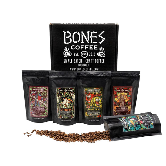 Bones Coffee Company NEW World Tour Sample Pack, Single-Origin Flavored Coffee Low Acid Medium Roast Arabica Beans Specialty Coffee Gifts Compatible Auto Drip and French Press, 4 oz Pack of 5 Ground