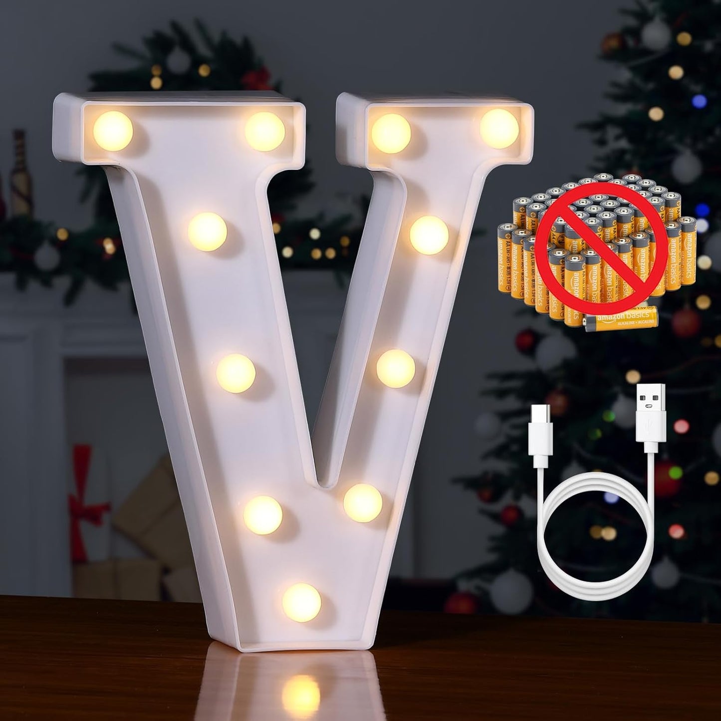 Foaky Rechargeable LED Letter Lights Sign Marquee Light Up Letters Sign for Night Light Wedding/Birthday Party Christmas Lamp Home Bar Decoration (V)