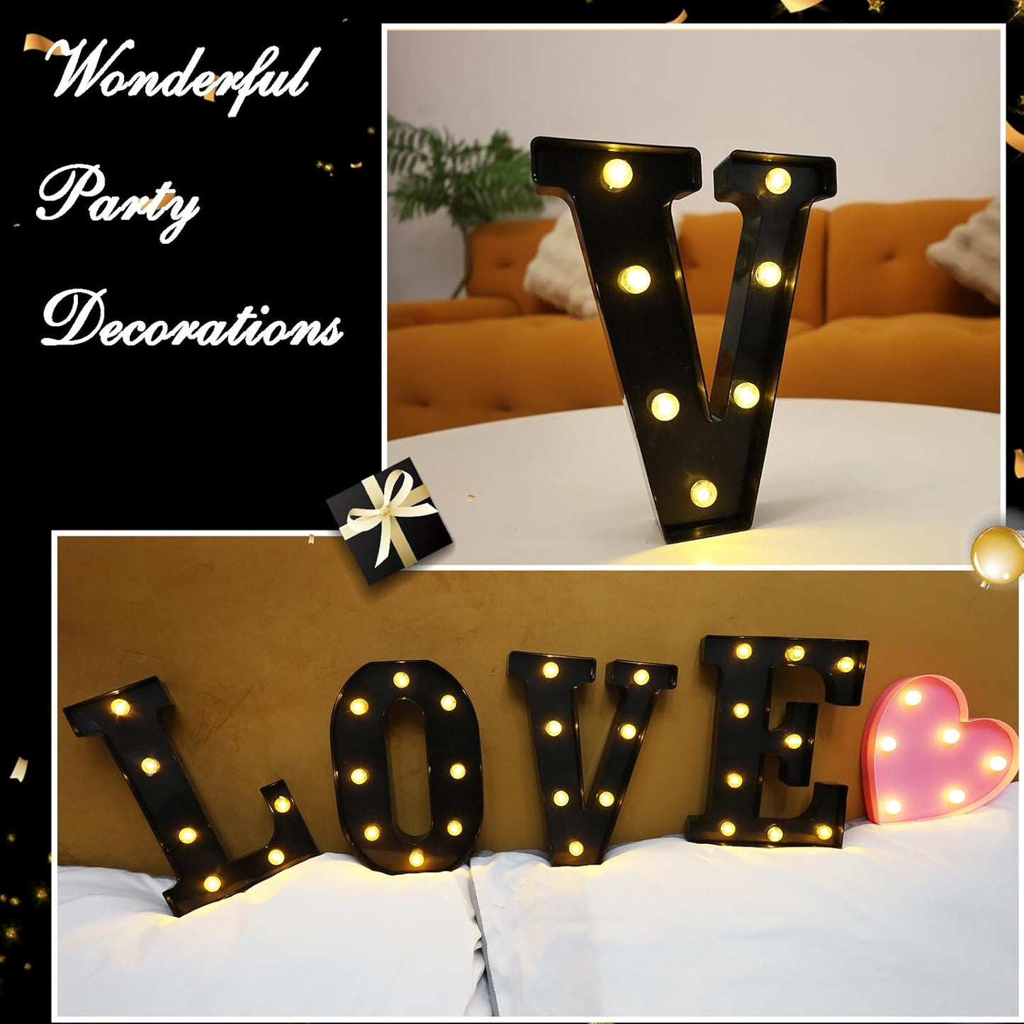 Led Marquee Letters, 8.58 Inch Black Light Up Letters, Small Led Letter Lights, Battery Powered Lighted Letterfor Table, Party, Birthday, Christmas Decor (Black, Letter V)