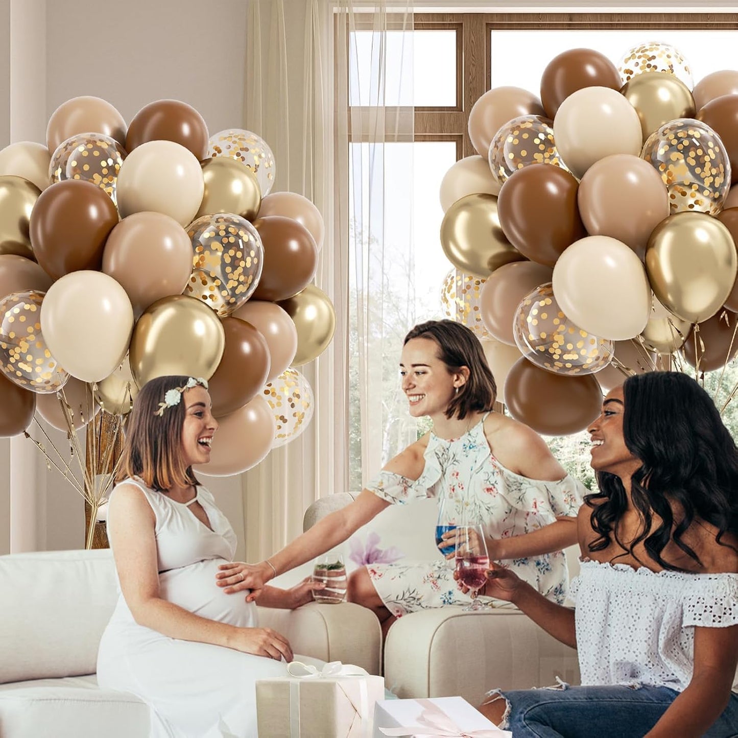 60pcs Brown and Gold Balloons for Neutral Bridal Shower, Birthday, Baby Shower Party Decorations - Light Sand White Confetti Balloons