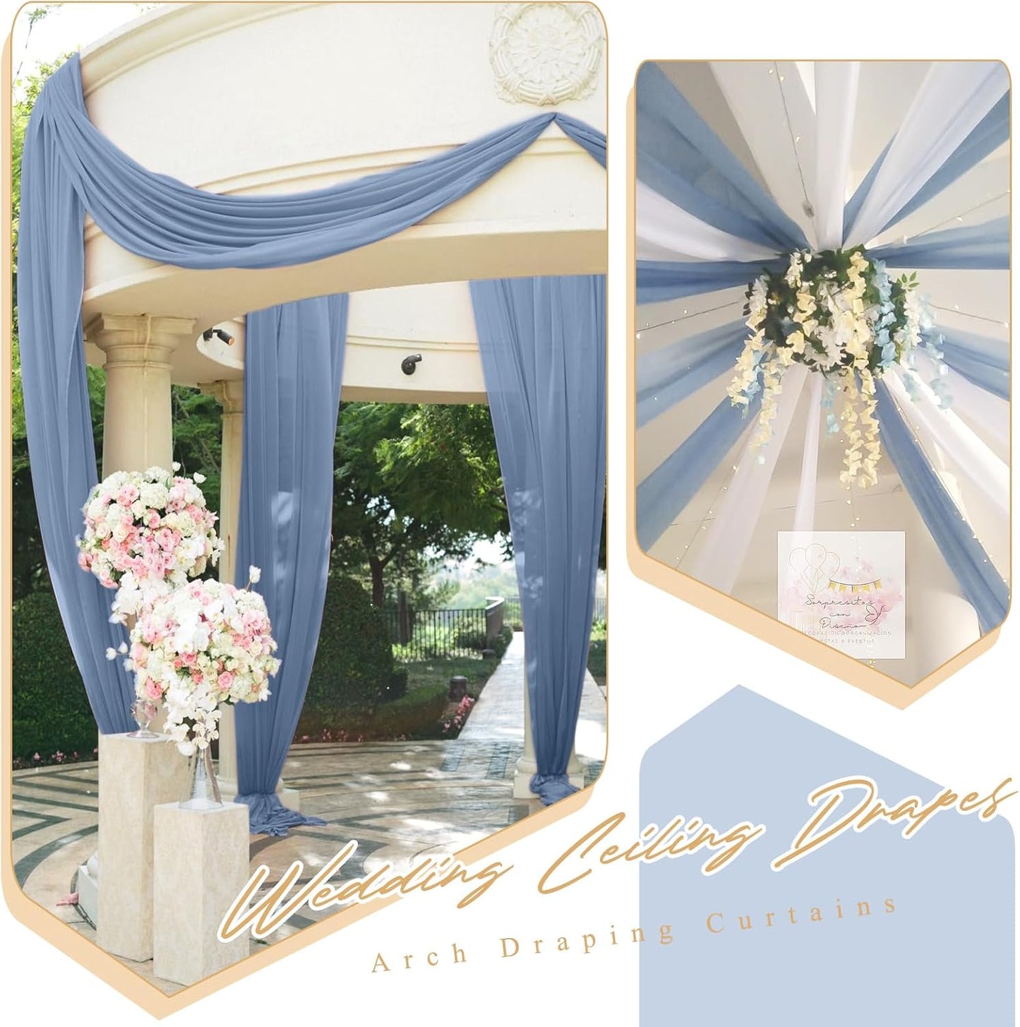 6 Panels Dusty Blue Ceiling Drapes for Wedding 5ftx10ft Chiffon Fabric Arch Draping Curtains Sheer Drapery for Party Ceremony Birthday Baby Shower Reception Stage Swag Ceiling Decorations