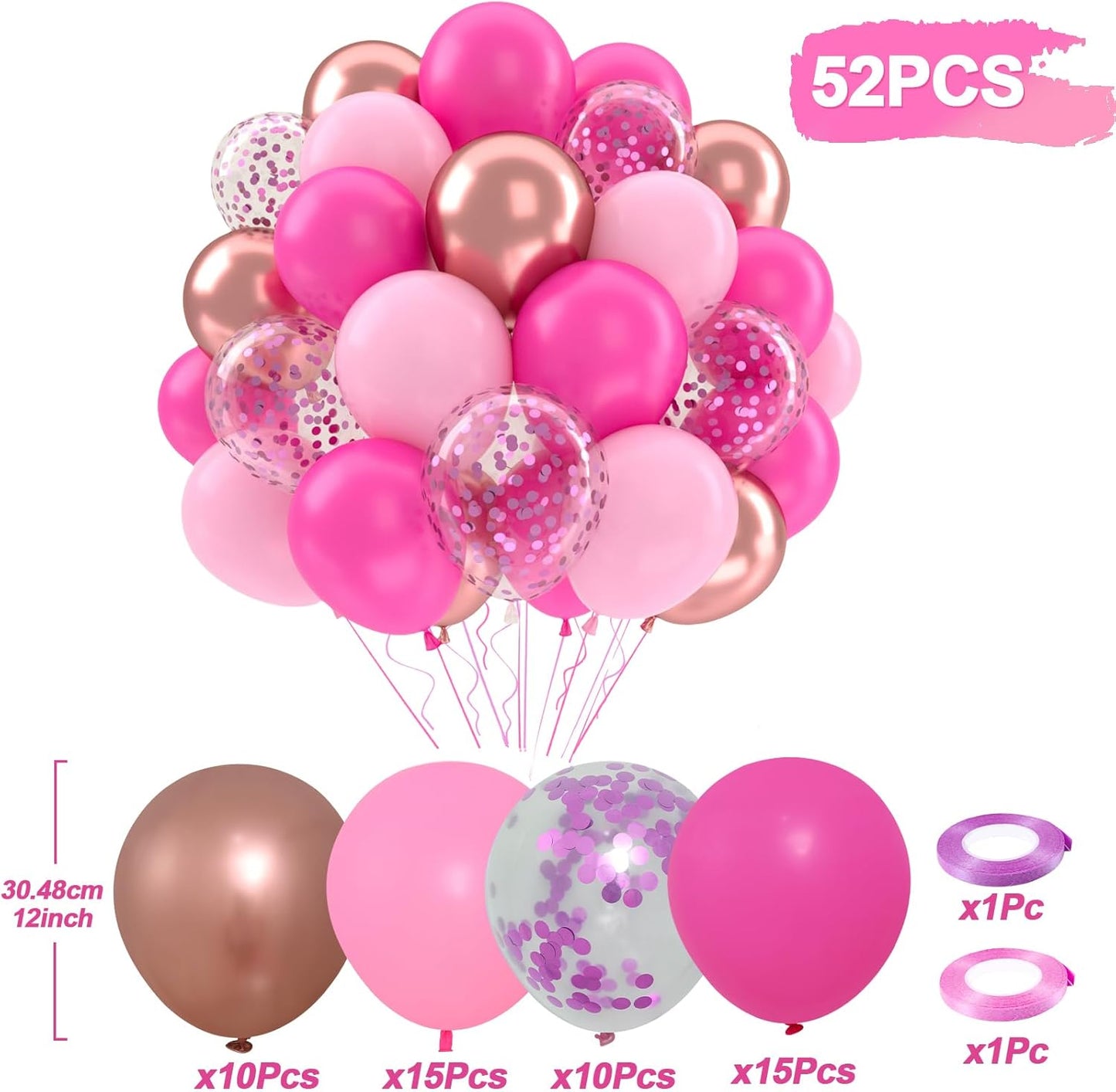 Patimate Hot Pink Balloons Set, 50 pcs 12 inch Metallic Rose Gold Hot Pink Pastel Pink Purple Confetti Latex Balloons Kit for Birthday Baby Shower Wedding Princess Party Decorations