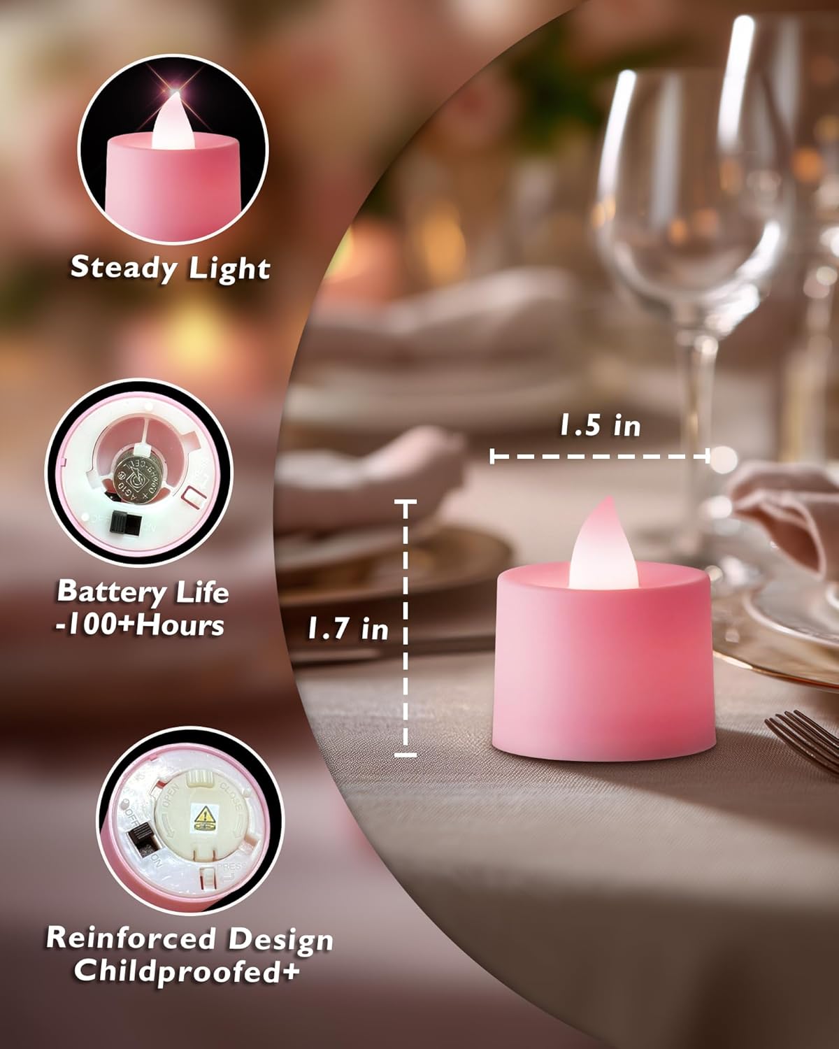 Amagic 24 Pack Pink LED Tea Lights, Flameless Votive Candles, Electric Fake Colored Candles, Battery Operated Tealights Candles for Party, Christmas, Aniversary, Wedding Table Centerpiece, Proposal