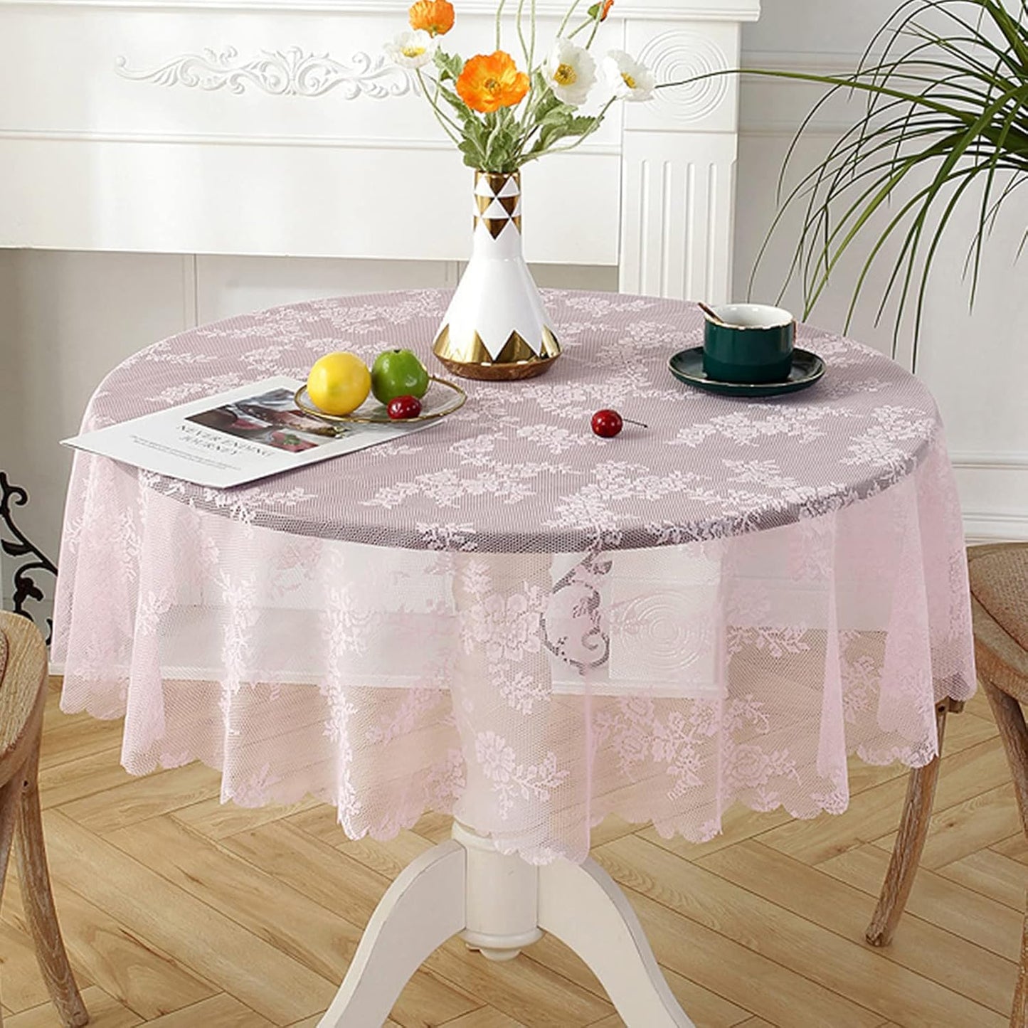 Jeloris Round Lace Tablecloth with Elegant Scalloped Bottom for Any Special Event Such as Wedding, Birthday Party, Baby Shower, Anniversary (70 inch, Style 2)