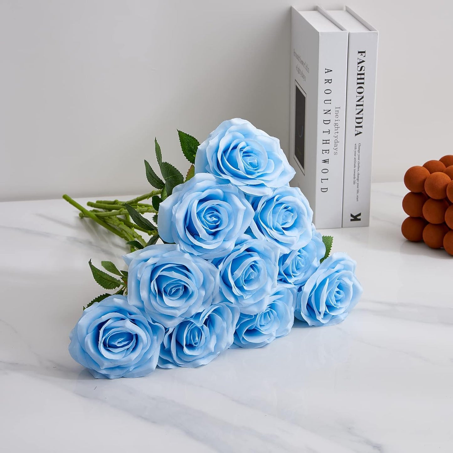 Artificial Rose 10pcs Open Flower Bouquet Faux Rose Stems for Wedding Arrangement, Bridal Bouquet, Centerpiece, Fake Faux Silk Flowers (Blue)
