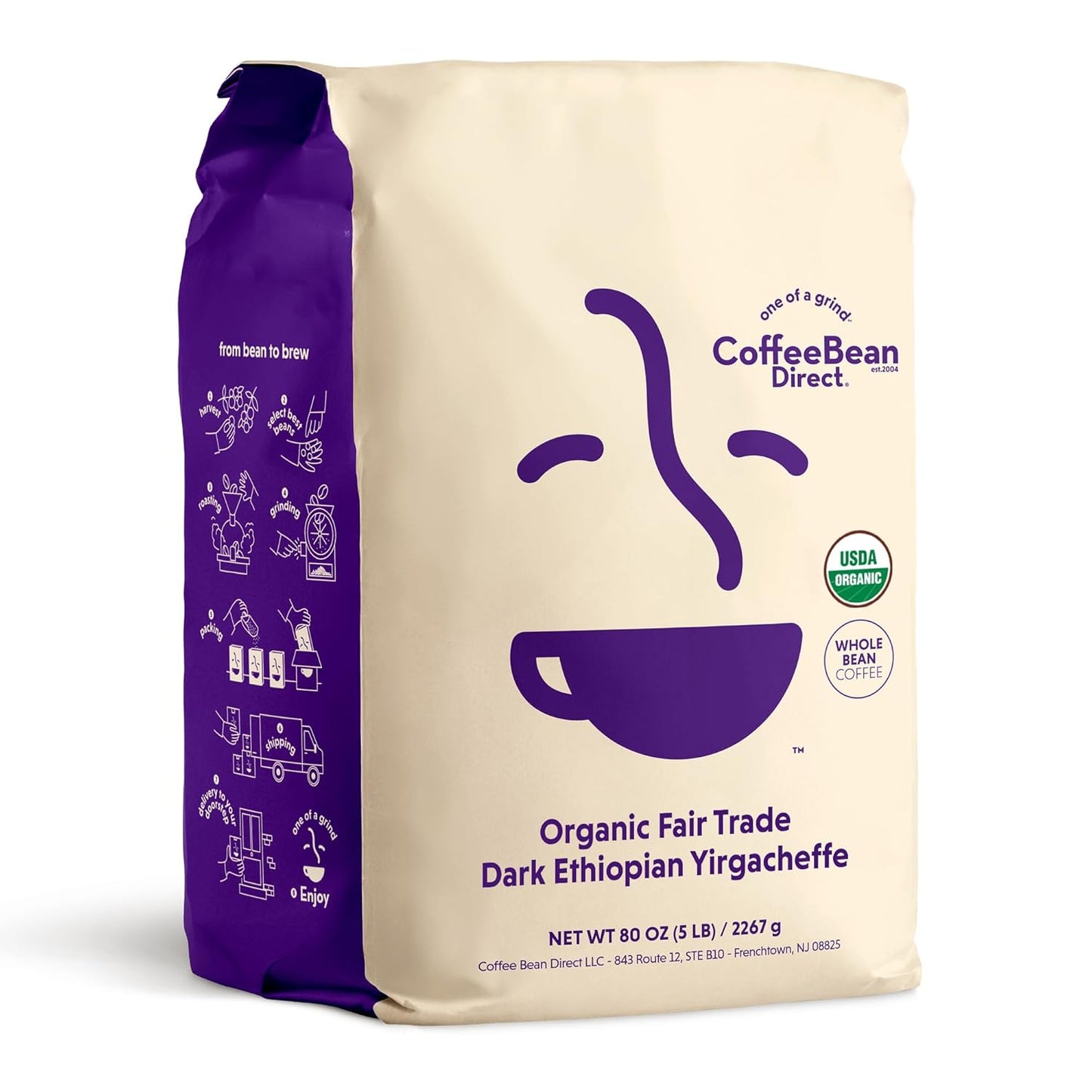 Coffee Bean Direct Organic Fair Trade Dark Ethiopian Yirgacheffe, Whole Bean Coffee, Arabica Coffee, Dark Roast, 5 Pound Bag (Pack of 1)