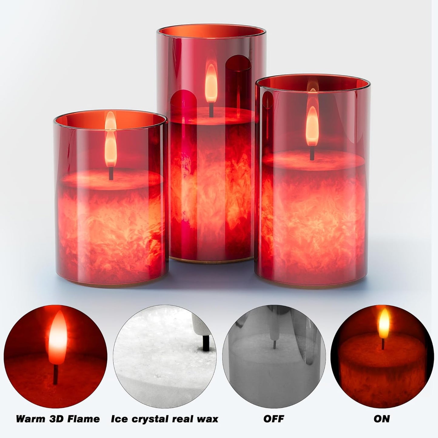 Ice Crystal Real Wax Glass Flameless Candles with Remote & Timer, Battery Operated Candles with Warm Flickering Flame, Realistic LED Candle for Wedding Home Decor [D3×H4/5"/6"] Red, 3Pack