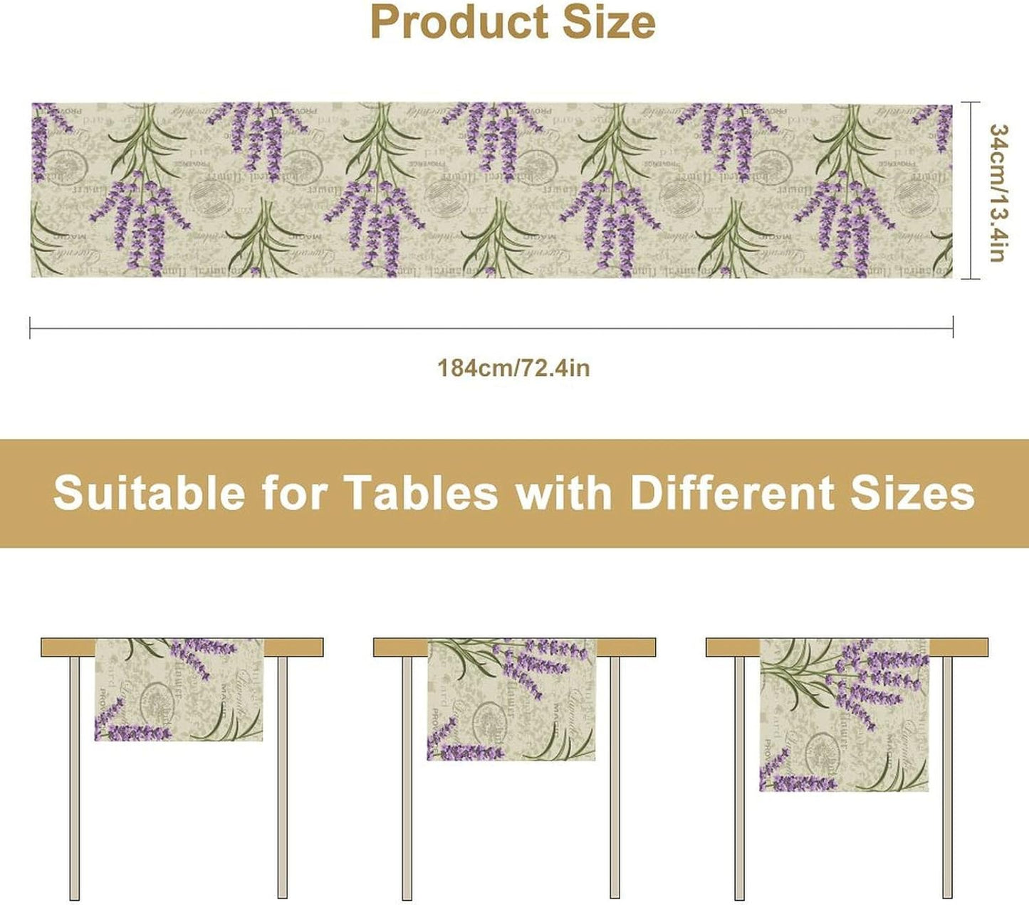 Floral Lavender Table Runner,Vintage Rustic Country Romantic Purple Flower Pattern Print Burlap for Hotel Indoors Outdoor Dining Room Kitchen Home Decor, 13x60in