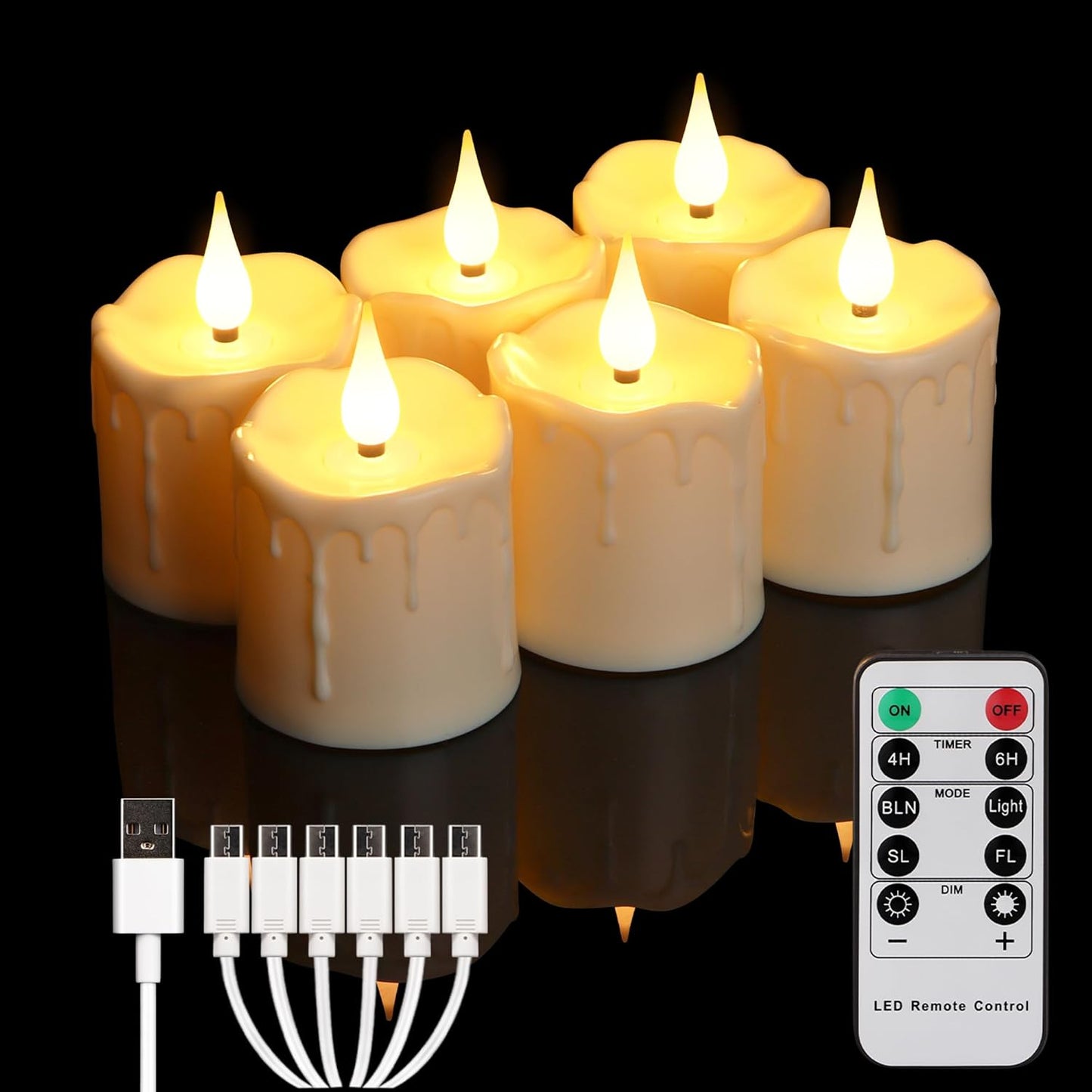 FREEPOWER Rechargeable Flameless LED Votive Candles with Timer Remote - 2'' x 3'' Waterproof Flickering Tealights Candle - Battery Operated Pillar Candles for Wedding, Party and Holiday Decor - 6PCS