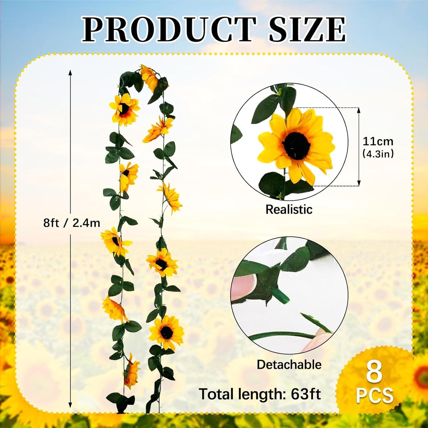 8Pcs 63Ft Sunflower Garland, Fake Hanging Flowers, Sunflower Artificial Flower Vine, Hanging Floral Vine Garland for Wedding, Party, Wall Arch, Halloween, Christmas Summer Garden Backdrop Decor