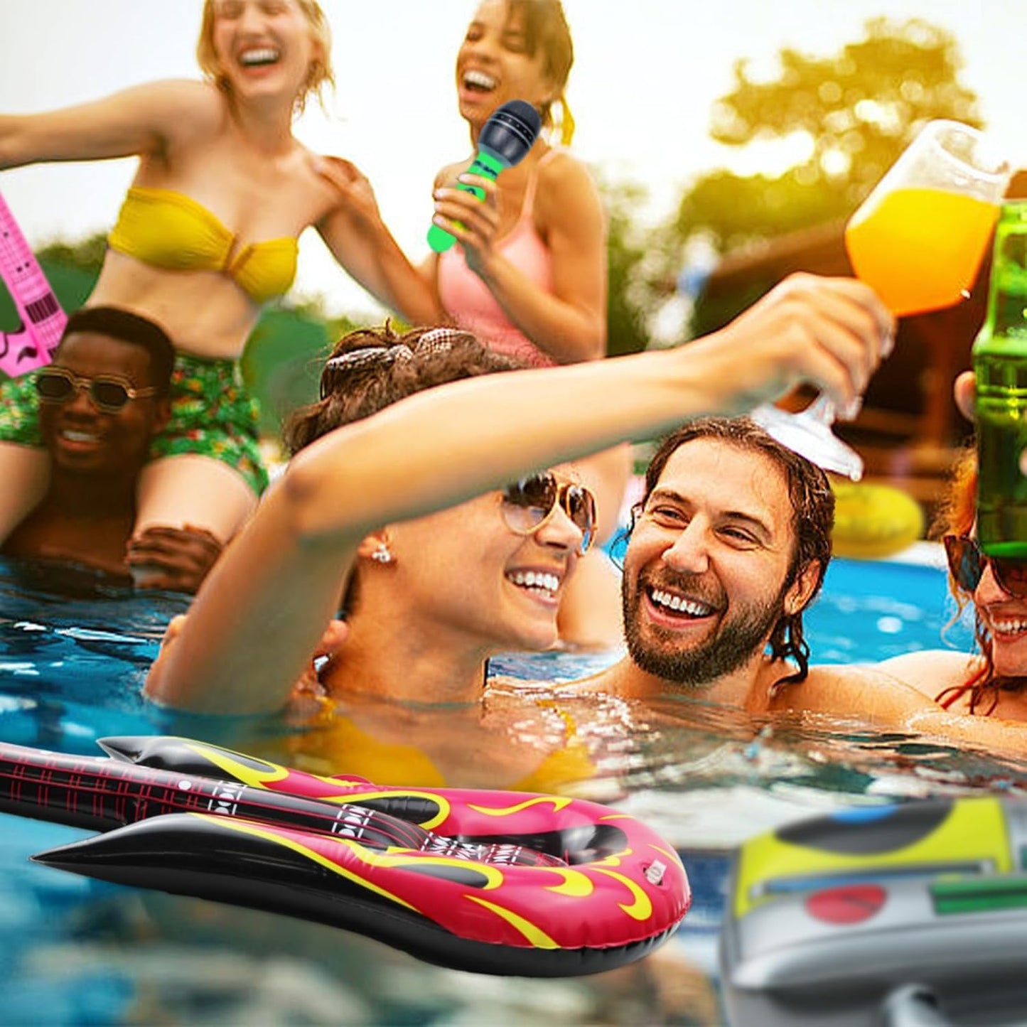 10 Pieces Inflatable Instruments Party Props Set Photo Booth Props Inflatable Guitar Saxophone Bass Lute Microphone Recorder Piano Theme Party Rock Toys Decorated Vintage Period Party