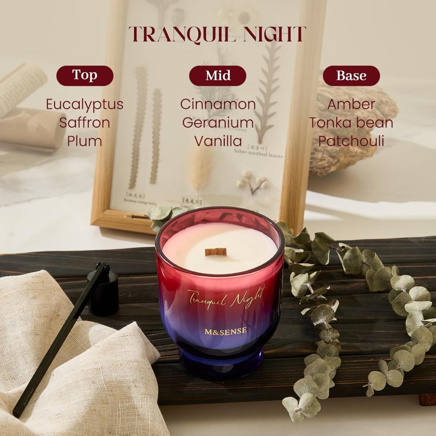 M&SENSE 9.88oz Natural Soy Wax Jar Candle with Wooden Wick | Midsummer Night Scent | 55-Hour Burn & Long-Lasting Burn | Housewarming Gift for Men and Women