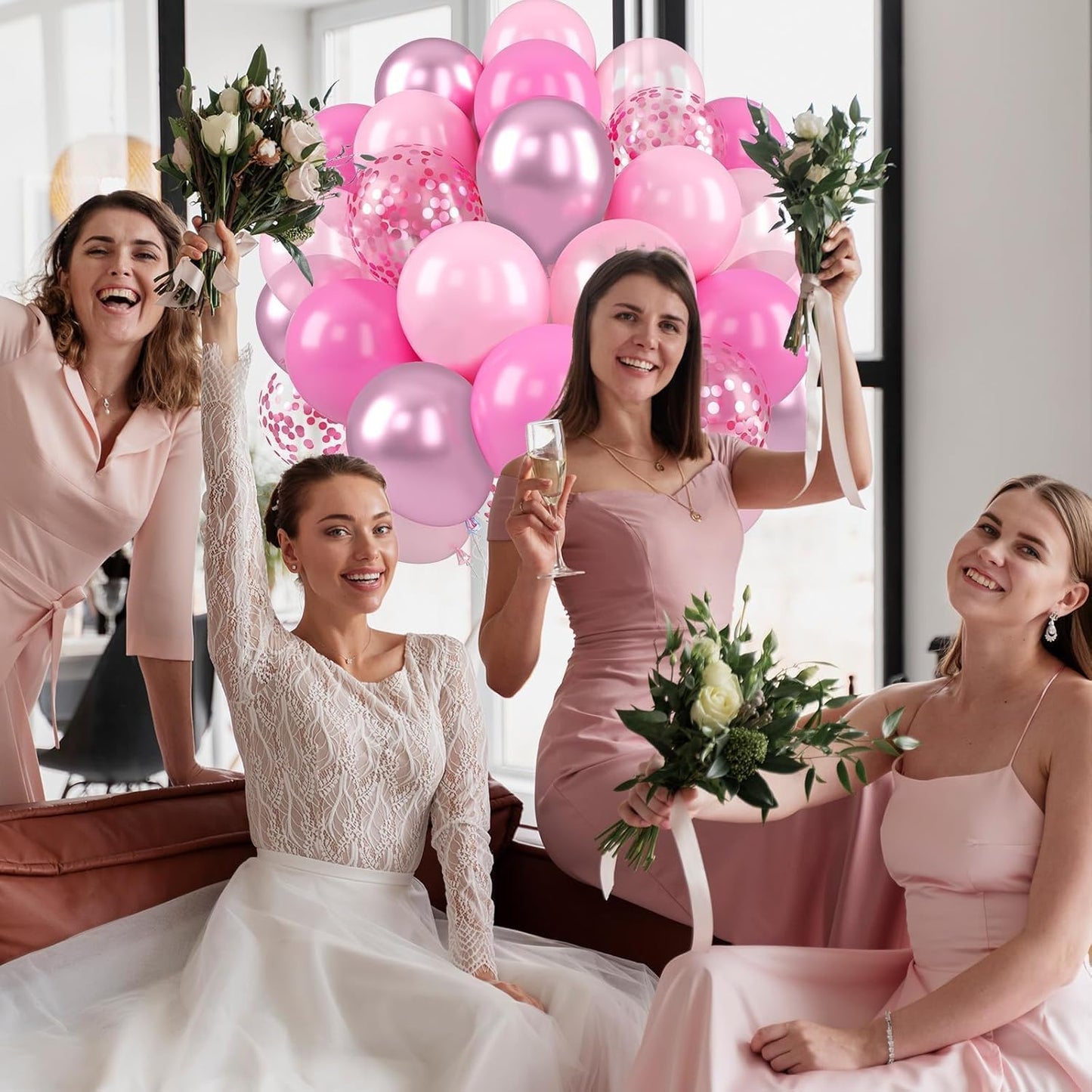 Paready Pink Balloons Set, 50 Pcs 12 Inch Metallic Pastel Pearl Light Pink Confetti Balloons Helium with Ribbon for Women Girls Wedding Bridal Baby Shower Princess Birthday Party Decorations