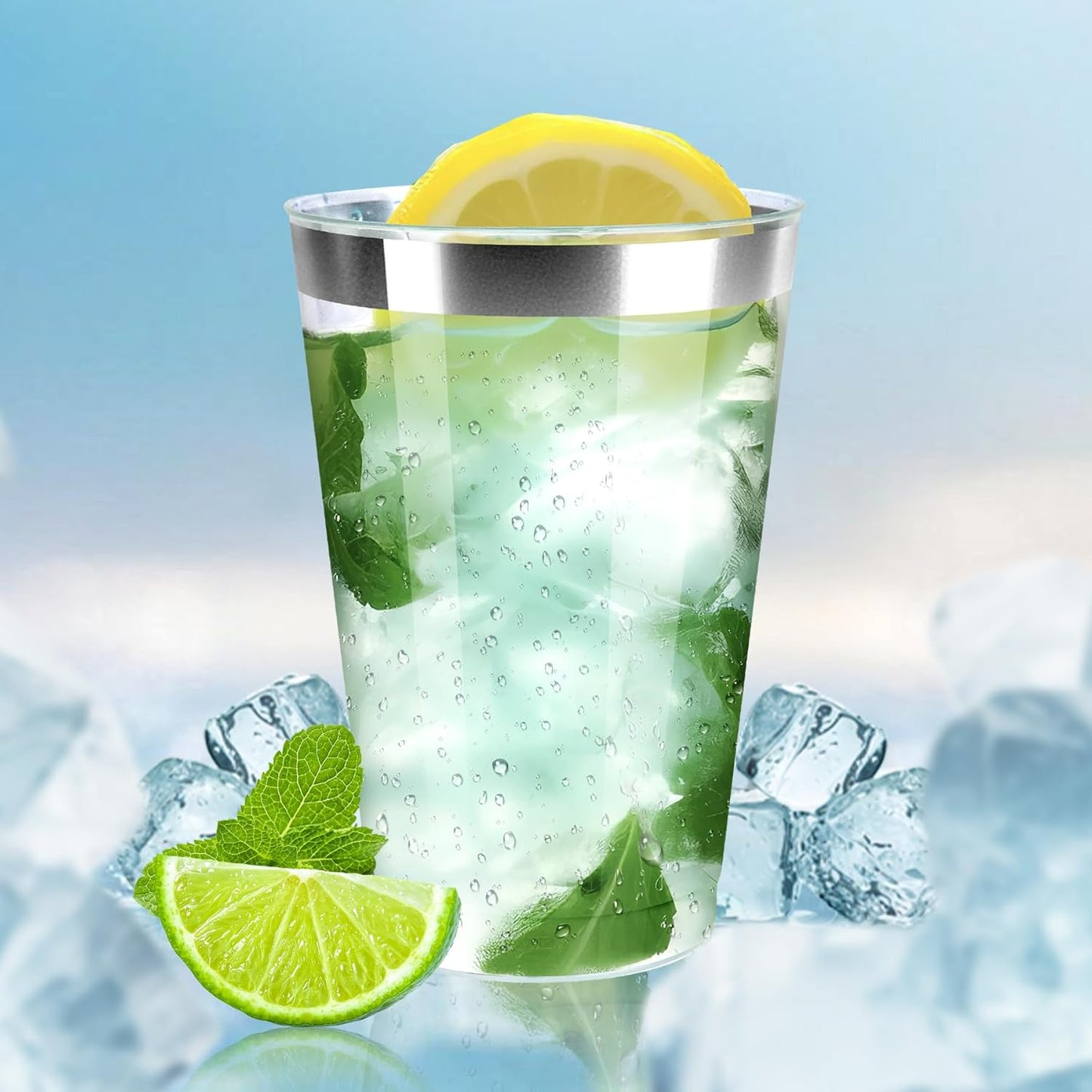 [200 Pack 12oz Clear Plastic Cups with Silver Rimmed Sturdy & Food Safe Disposable Wine Glasses Party Cups Wedding Cups Disposable Drinking Cups for Wine, Juice, Cocktails and Cold Beverages