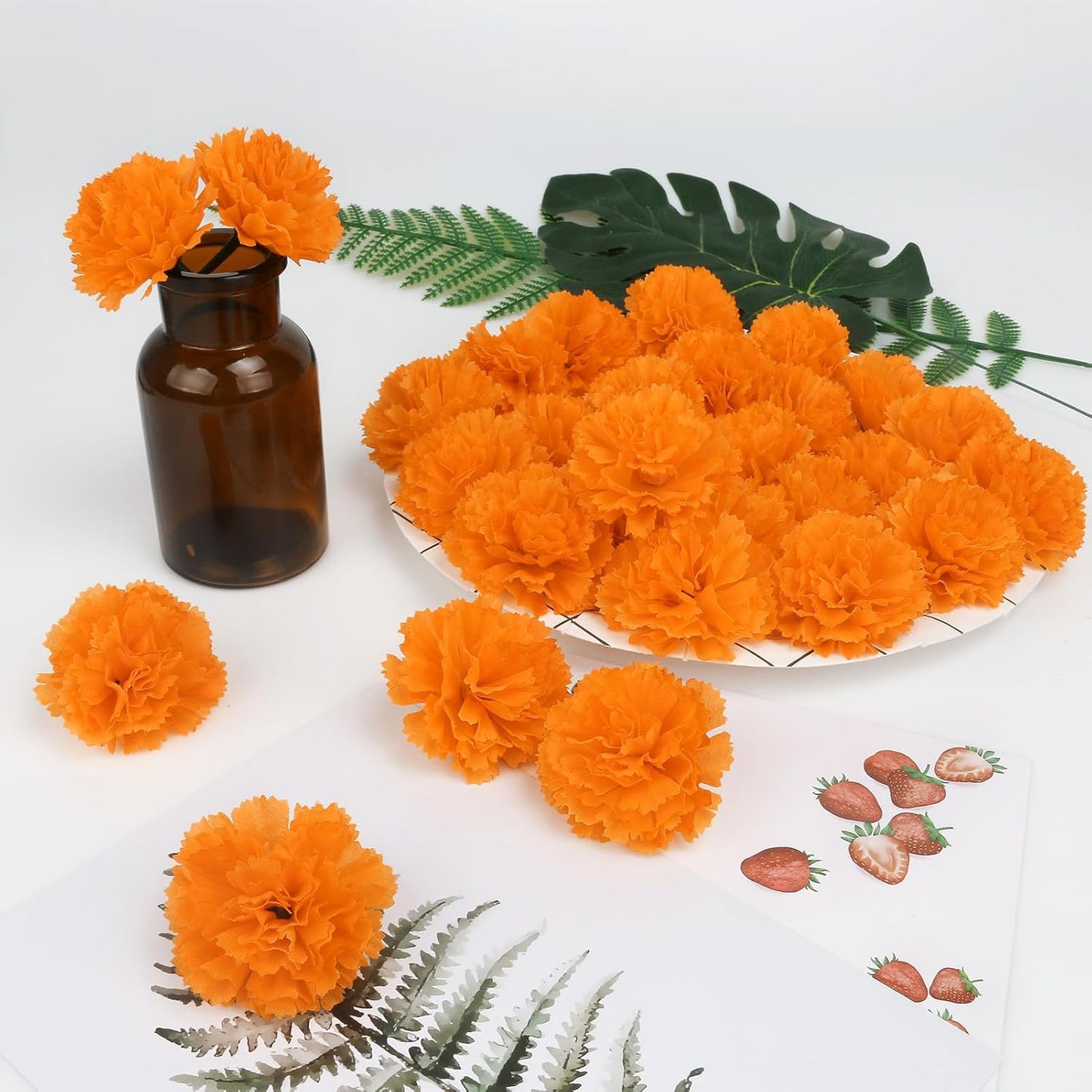 30 Pcs Artificial Marigold Flowers,3.54" Silk Marigold Flower Heads with Stems,Orange Flowers Artificial for Diwali Decor,Indian Wedding,Home,DIY Wreath Garland,Day of The Dead Decorations