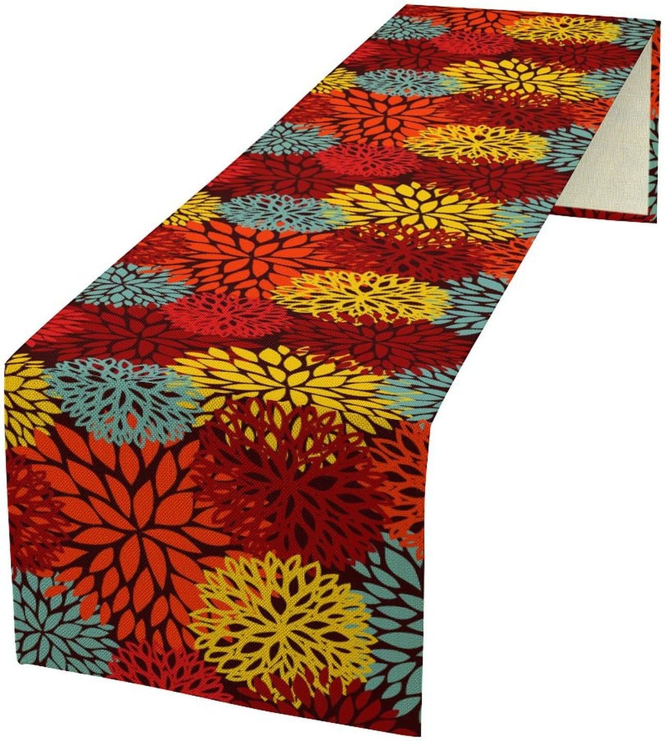 Red Yellow Dahlia Table Runner, Seasonal Autumn Thanksgiving Pattern Print for Home Kitchen Table Decor Dining Coffee Room Party Decor 13x60 Inch