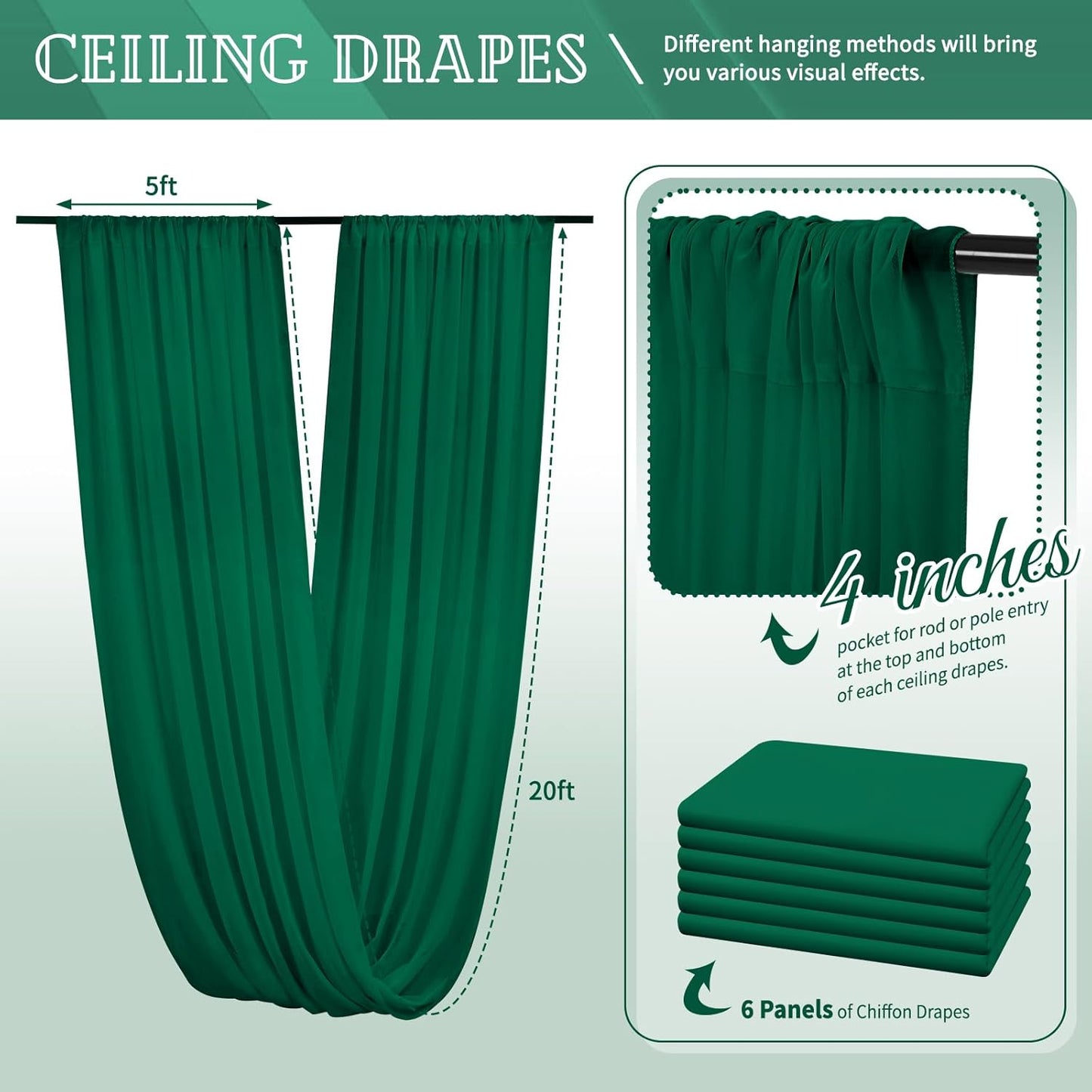 6 Panels Emerald Green Ceiling Drapes for Wedding 5ftx20ft Chiffon Fabric Arch Draping Curtains Sheer Drapery for Party Ceremony Birthday Baby Shower Reception Stage Swag Ceiling Decorations