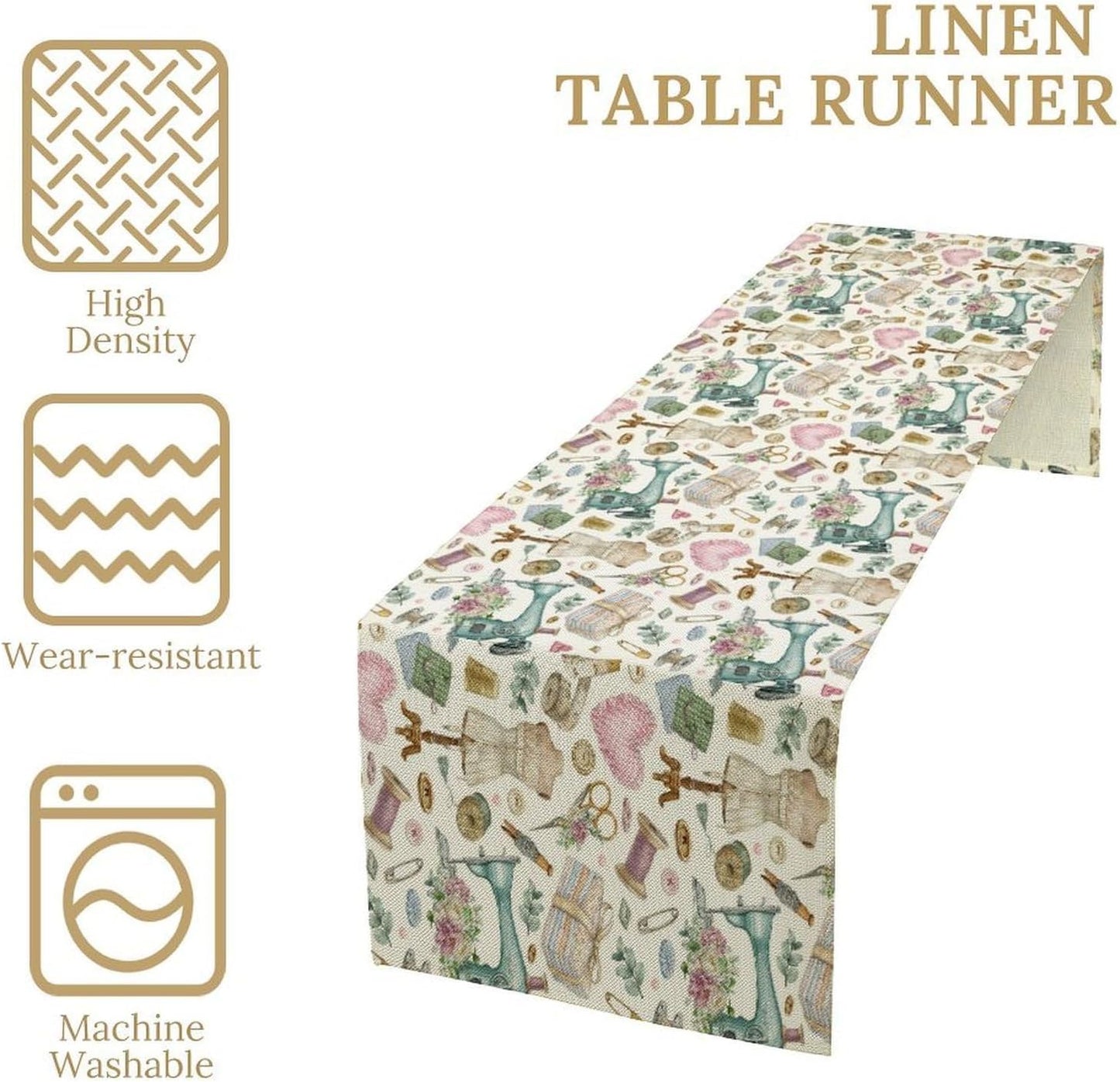 Sewing Theme Table Runner,Vintage Sewing Machine Tool Watercolor Pattern Print Tablecloth Burlap for Hotel Indoors Outdoor Dining Room Kitchen Home Decor,W13X L36 in