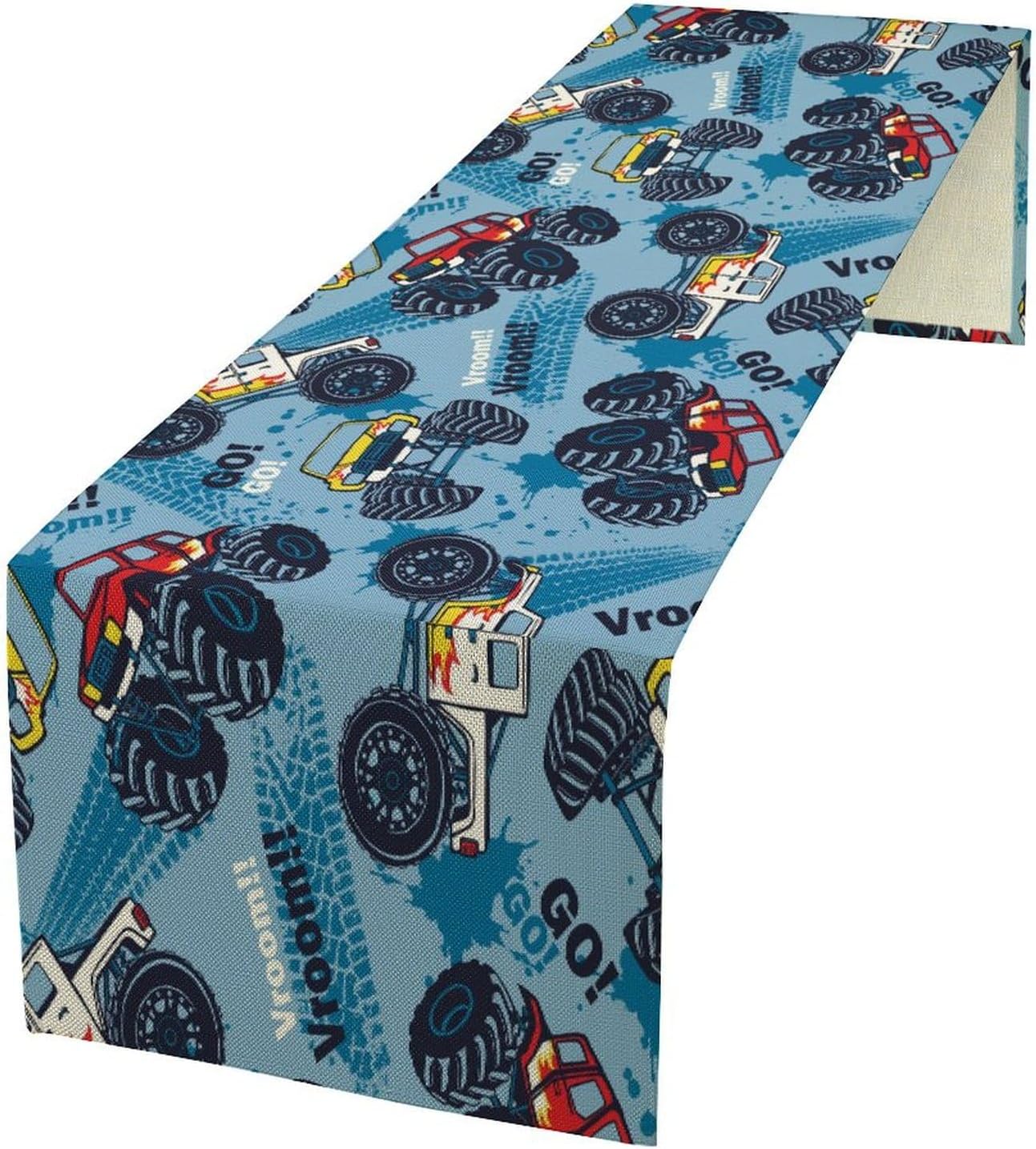 Monster Truck Table Runner,for Kids Boys Cool Colorful Cartoon Blue Cars Pattern Print Tablecloth Burlap for Hotel Indoors Outdoor Dining Room Kitchen Home Decor,W13X L90 in