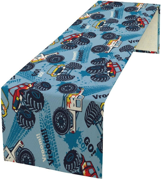 Monster Truck Table Runner,for Kids Boys Cool Colorful Cartoon Blue Cars Pattern Print Tablecloth Burlap for Hotel Indoors Outdoor Dining Room Kitchen Home Decor,W13X L90 in