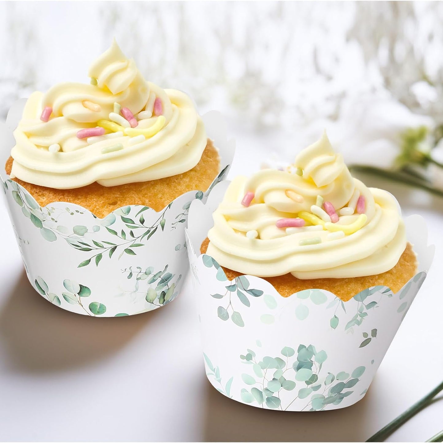 Domensi 100 Pcs Eucalyptus Cupcake Wrappers Rustic Cupcake Liners Green Tulip Baking Cups Baking Liners for Wedding Bridal Baby Shower Birthday Party Supplies Dessert Decoration
