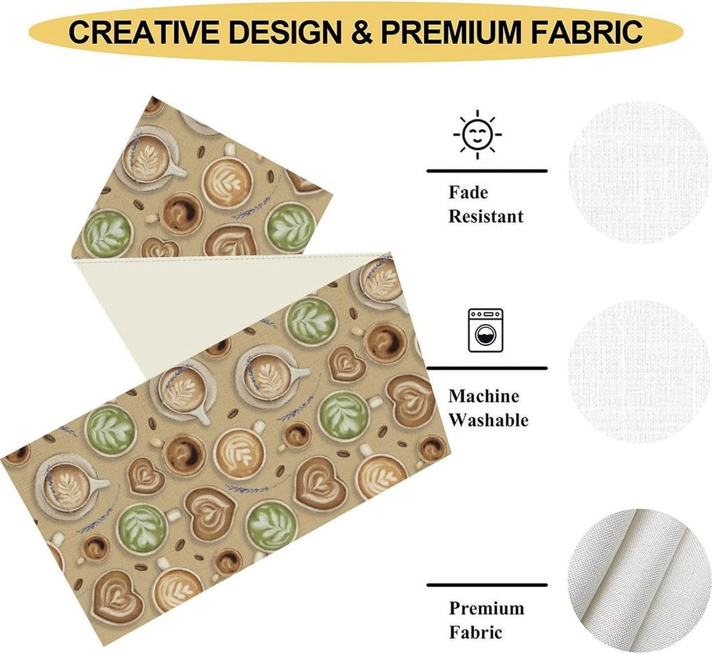 Coffee Theme Table Runner, Farmhouse Retro Brown Coffee Cup Tea Party Rustic Cafe Table Center Decor for Home Kitchen Dining Patio Holiday Party Indoor Outdoor Table Decorations,13"x72" Inch