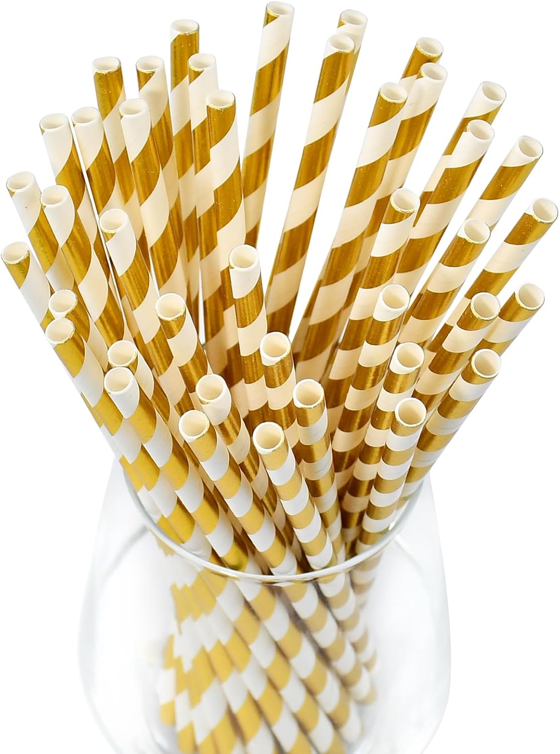 7.75 inch Gold/White Striped Paper Straws for Drinking 100 Counts for Bar, Restaurant, Wedding, Party - Unwrapped