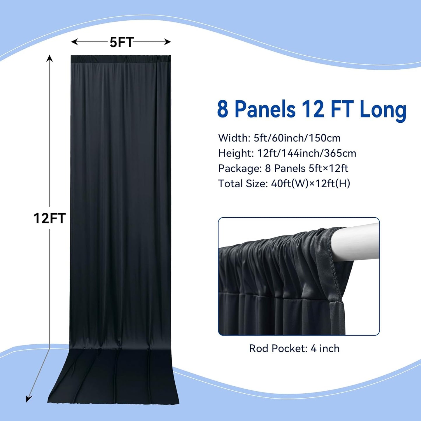 40x12ft Wrinkle Free Black Backdrop Curtain for Wedding Parties, 8 Panels 5×12 ft Long Soft Silky Polyester Fabric Backdrop Drapes Black Photo Back Drop Curtains for Party Photography Background Cloth