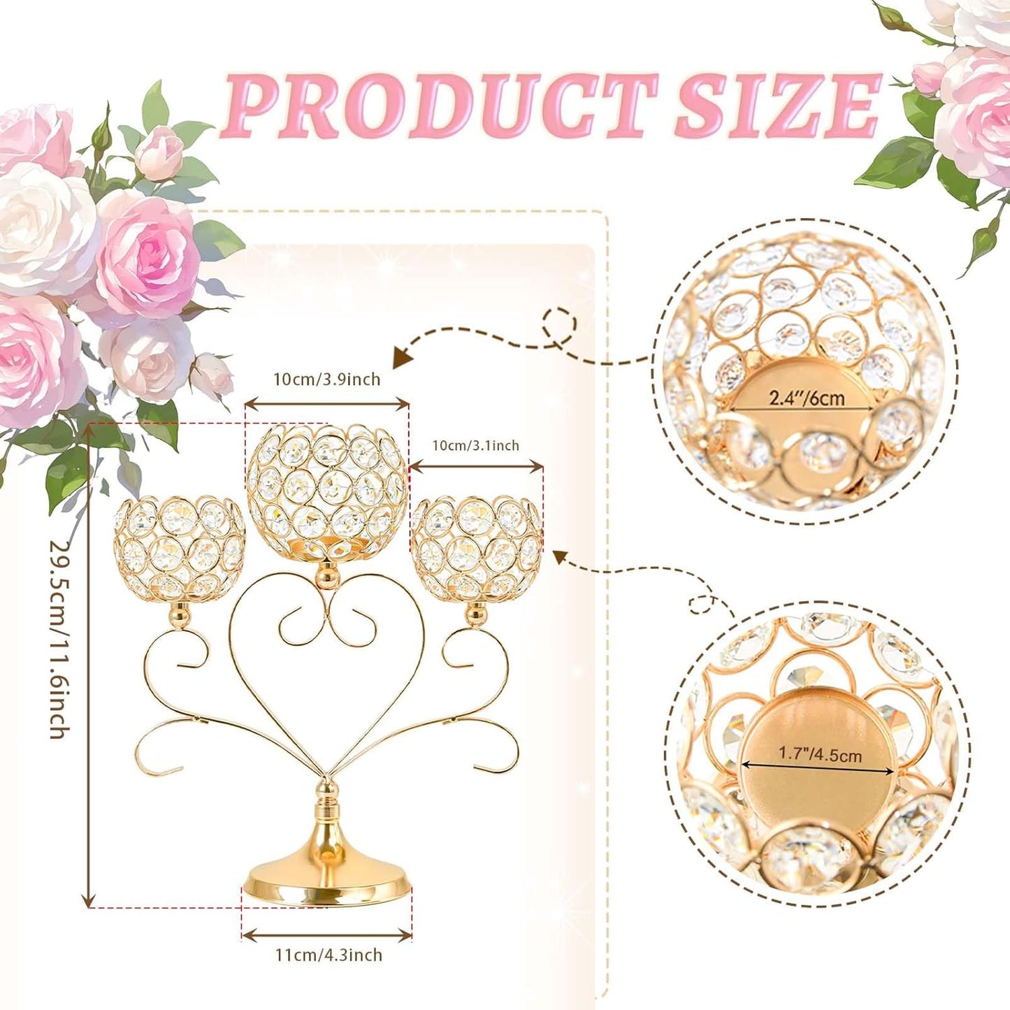 6 Pcs Gold 3-Arm Heart Tea Light Candle Holder - Crystal & Metal Wedding Centerpiece Decor, Sparkling Table Decor for Anniversaries/Romantic Tabletop Home/Dinner Party/Events