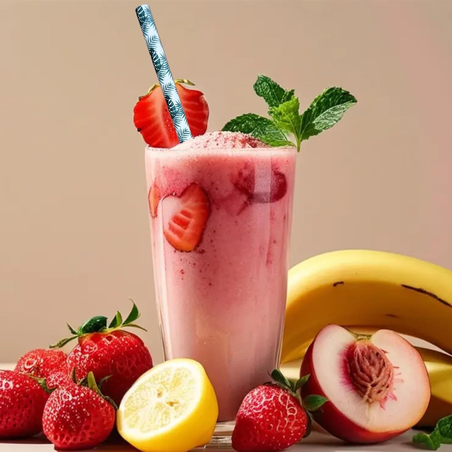 YAOSHENG [100 Pack] Pink & Gold Paper Straws Disposable, 100% Biodegradable Multi-Pattern Party Straws For Birthday, Wedding and Holiday Decoration (green leaf)