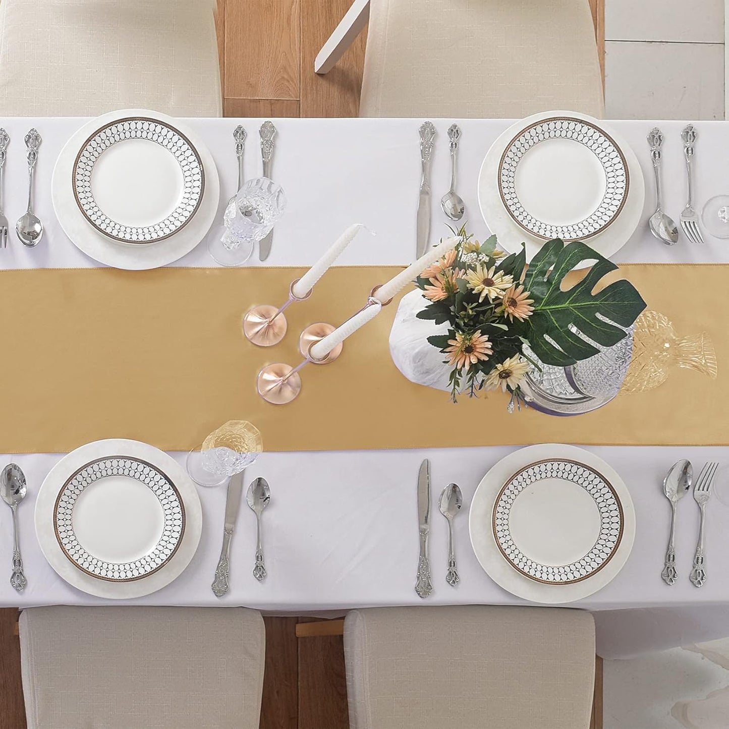 24Pack Table Runner 12 x 108 Inches Satin Silk Table Runner for Wedding, Birthday Party, Banquets, Graduations Decoration, fit Rectange and Round Table-Champagne