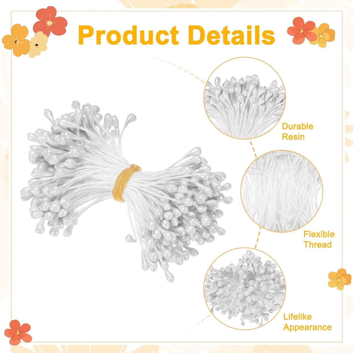 600-Pack Flower Stamens for Crafts, 5mm Double Heads Artificial Pearl Floral Pistil Mini Flower Pollens Stamens for DIY Making/Wedding/Scrapbook Decoration [White]