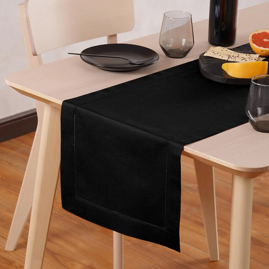 Cotton Linen Table Runner 120 Inches Long – Black Farmhouse Table Runner for Thanksgiving, Christmas – Washable Hemstitch Fabric Ideal for Winter Décor, Gift – Serena