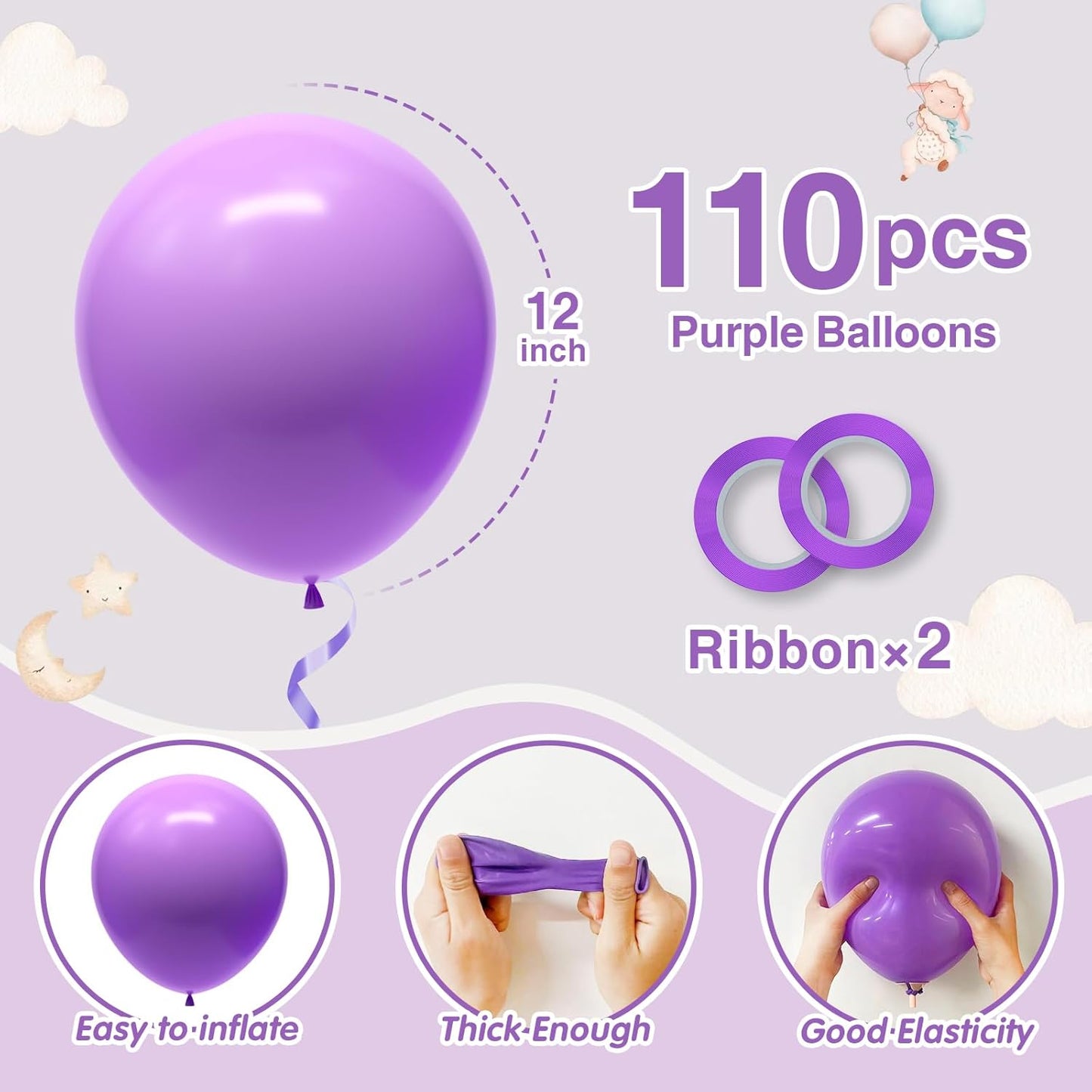 110pcs Purple Balloons 12 Inch Dark Purple Latex Balloon Arch Kit for Birthday Baby Shower Anniversary Graduation Wedding Party Decorations